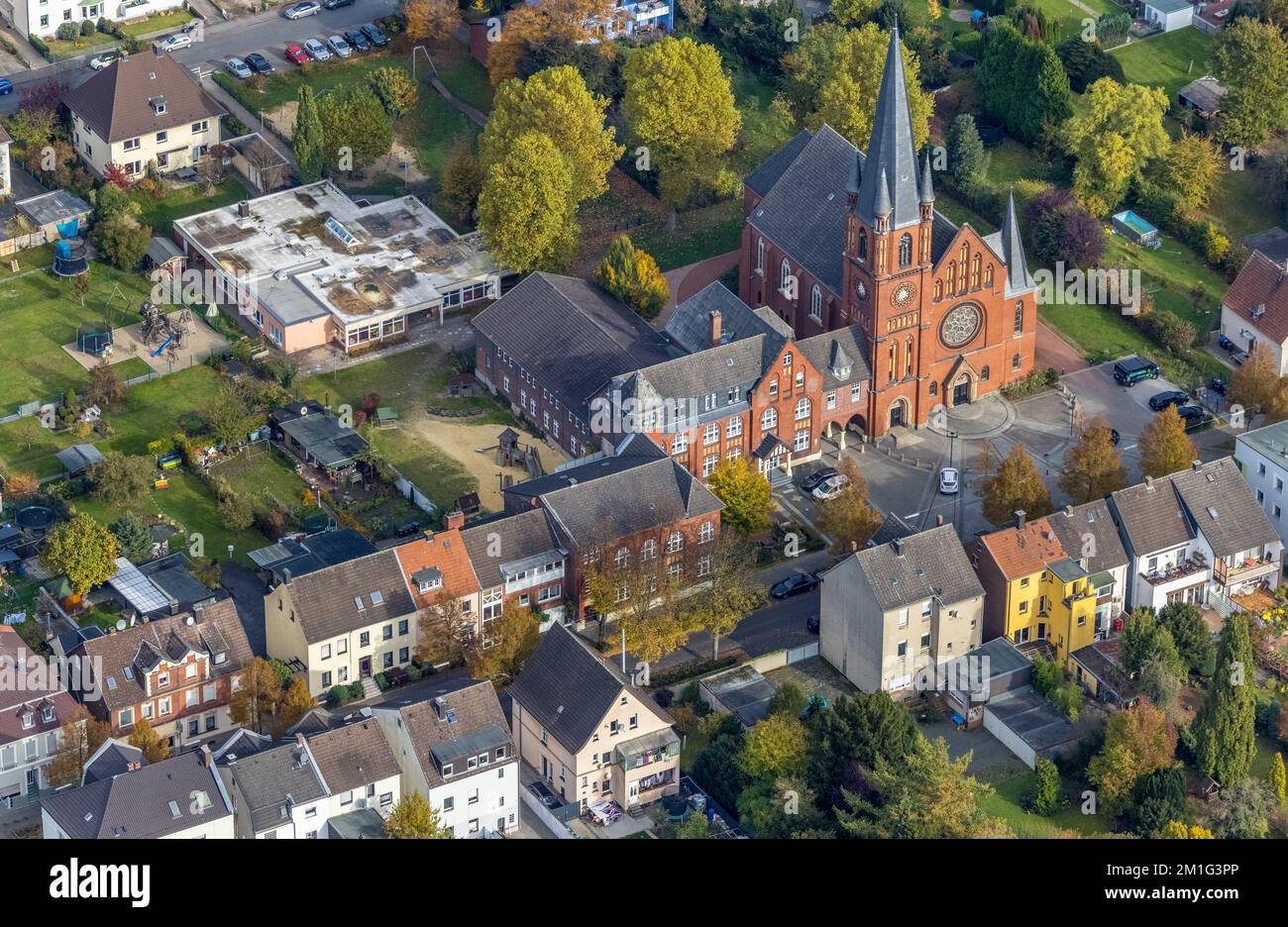 Aerial view, Evang. Christuskirche and kindergarten Christuskirche in