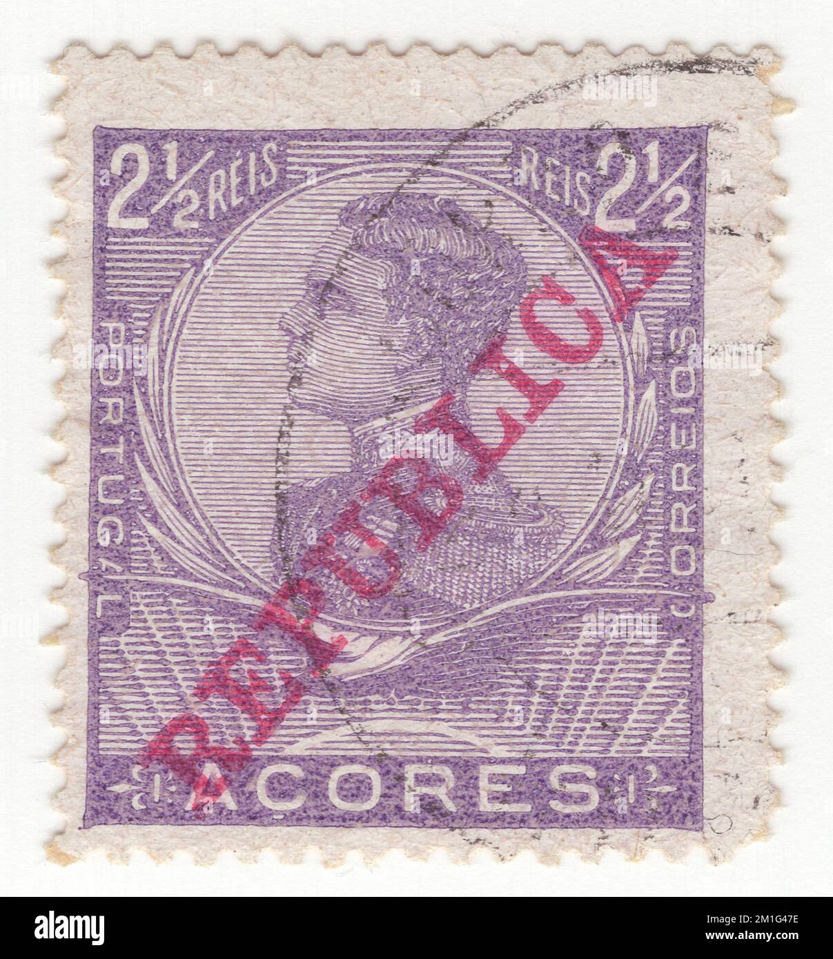 AZORES - CIRCA 1910: An old Azores used violet 2½ reis postage stamp. Stamps showing portrait of King Manuel II overprinted 'REPUBLICA' in carmine Stock Photo