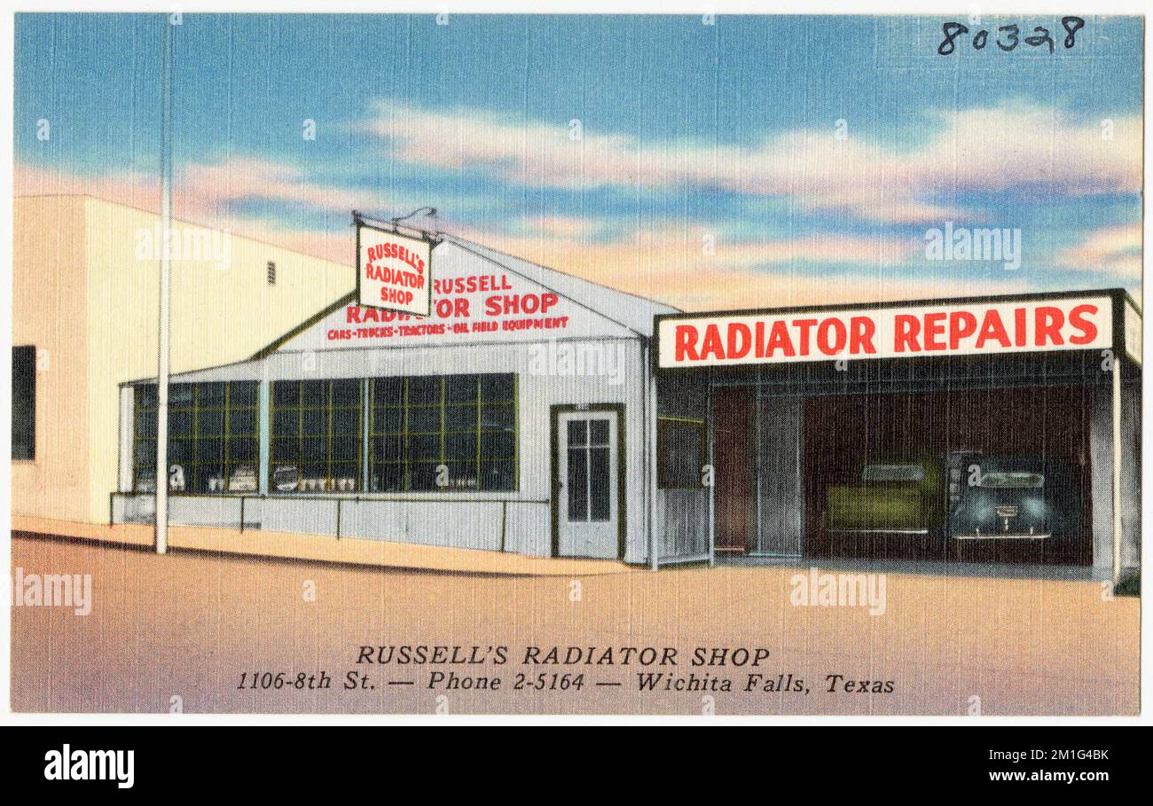 Russell's Radiator Shop, 1106-8th St. -- Phone 2-5164 -- Wichita Falls, Texas , Commercial facilities, Tichnor Brothers Collection, postcards of the United States Stock Photo