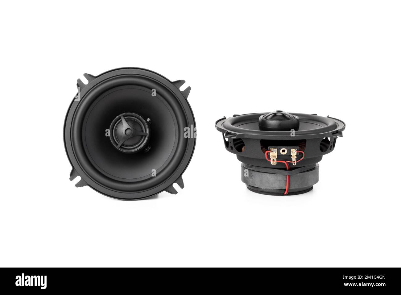 Stylish car audio acoustic round speakers isolated on white background