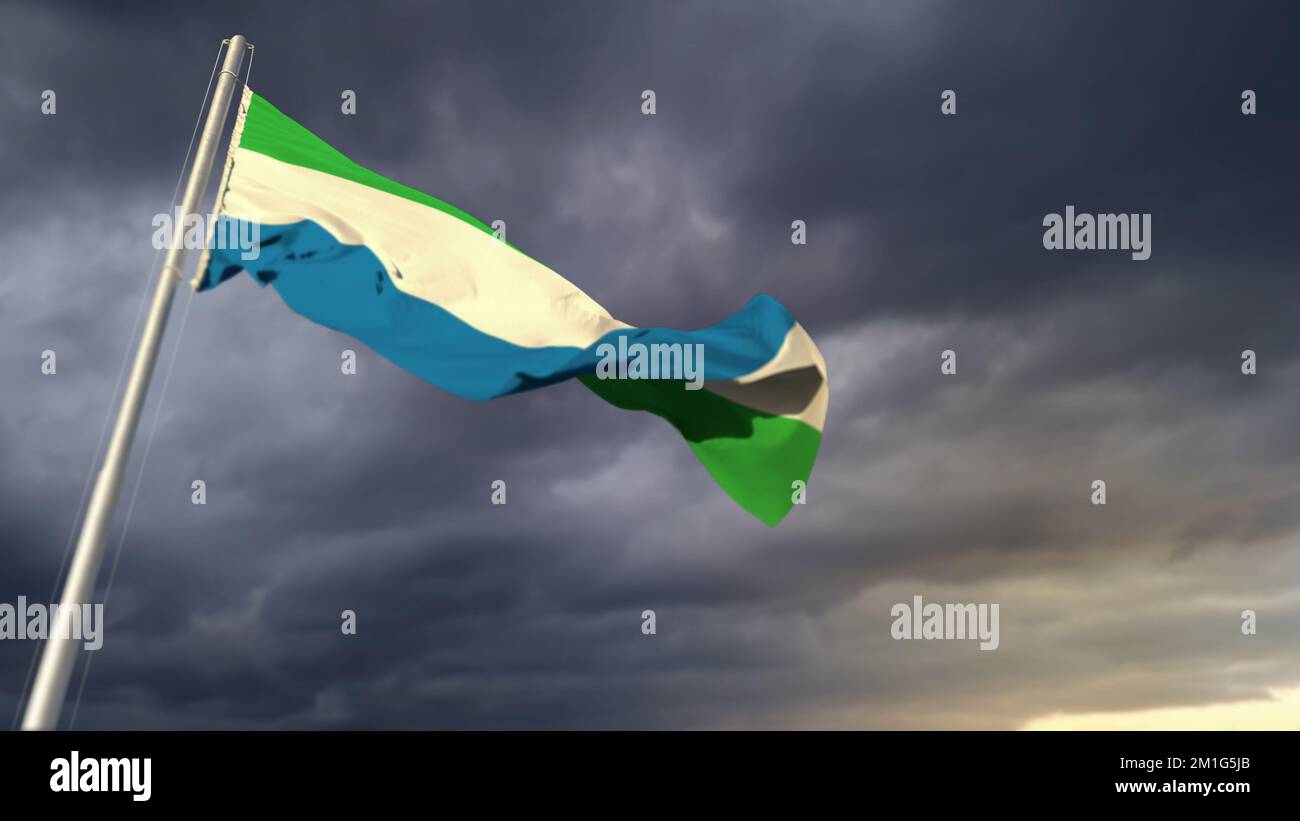 beautiful Sierra Leone flag on massive dark clouds background ...