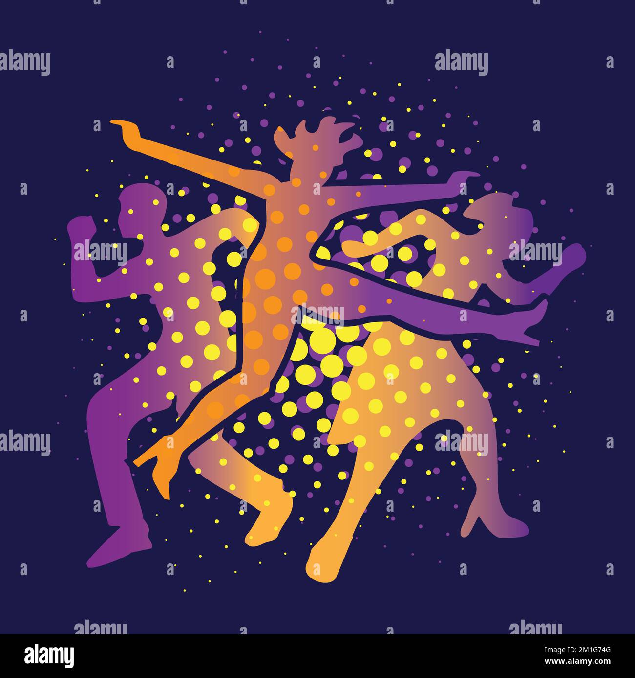 Modern dance, young party people dancing in disco club. Expressive colorful illustration of dancing people stylzed silhouettes, black background. Stock Vector
