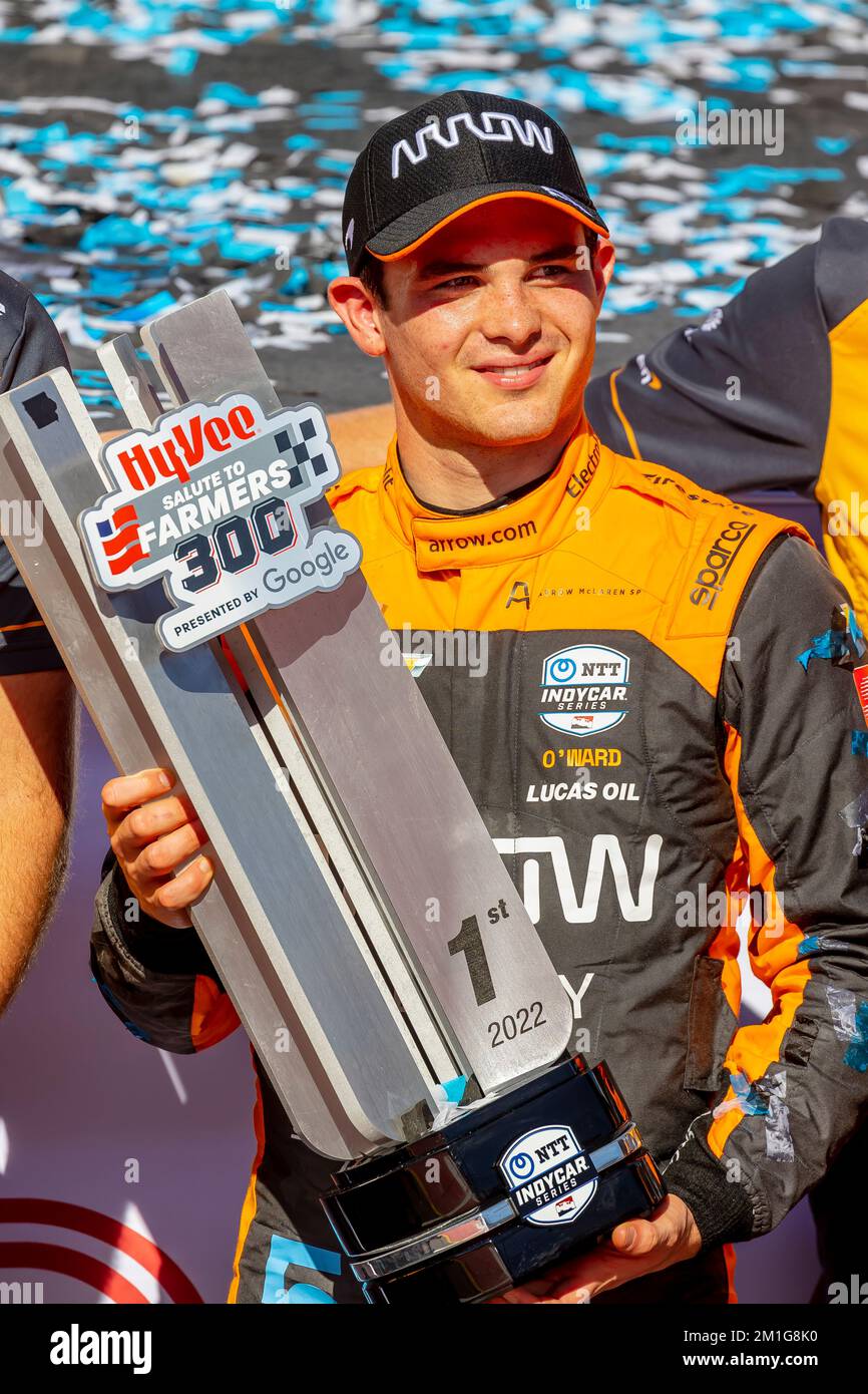 Newton, IA, USA. 24th July, 2022. PATO OWARD (5) of Monterey, Mexico wins the HY-VEEDEALS.COM 250 at Iowa Speedway in Newton, IA, USA. Credit: csm/Alamy Live News Stock Photo