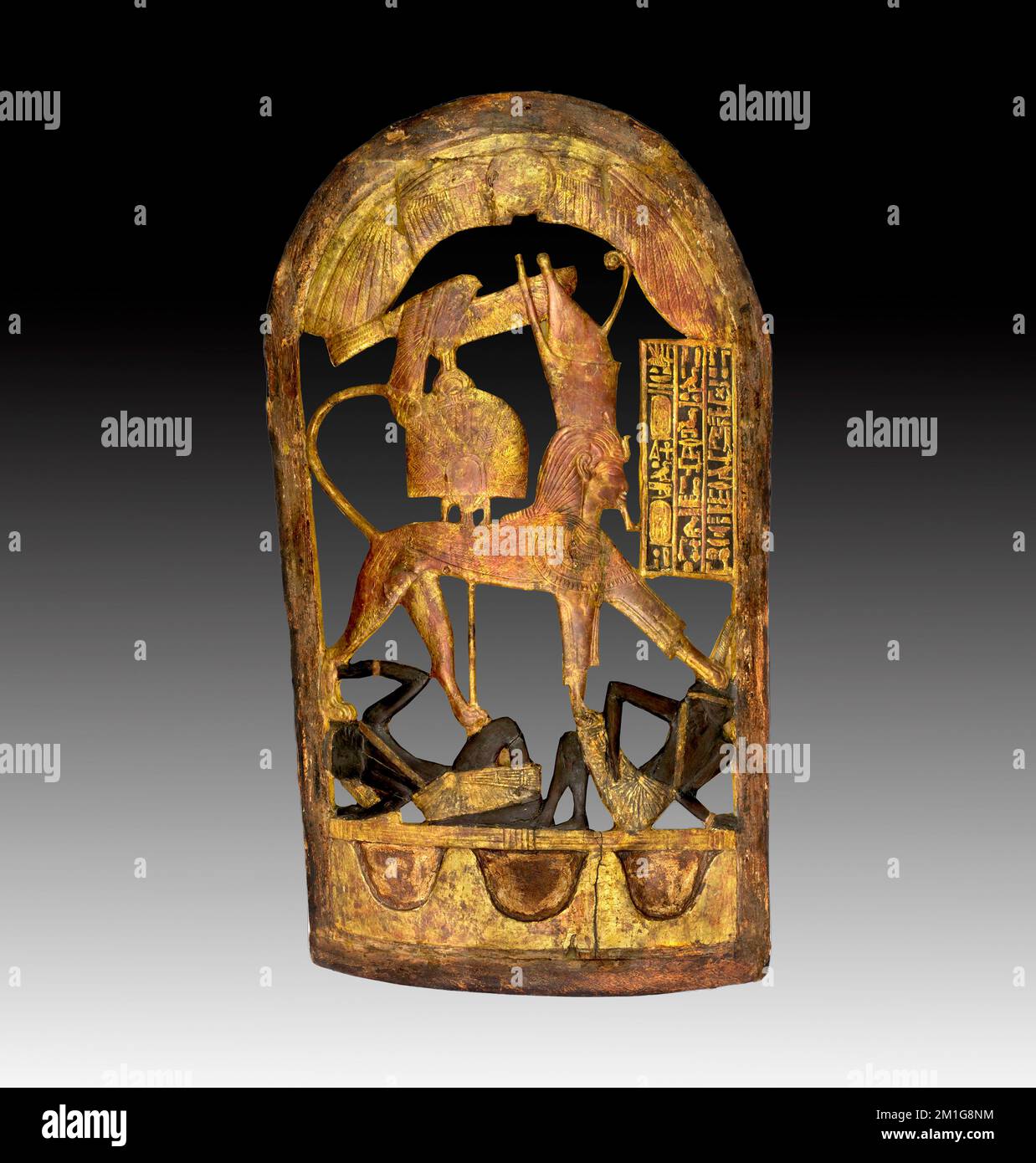 Tutakankhamun - Wooden ceremonial shield with pharaoh trampling on Nubian enemies, Reign of Tutankhamun, 18th dynasty, Stock Photo