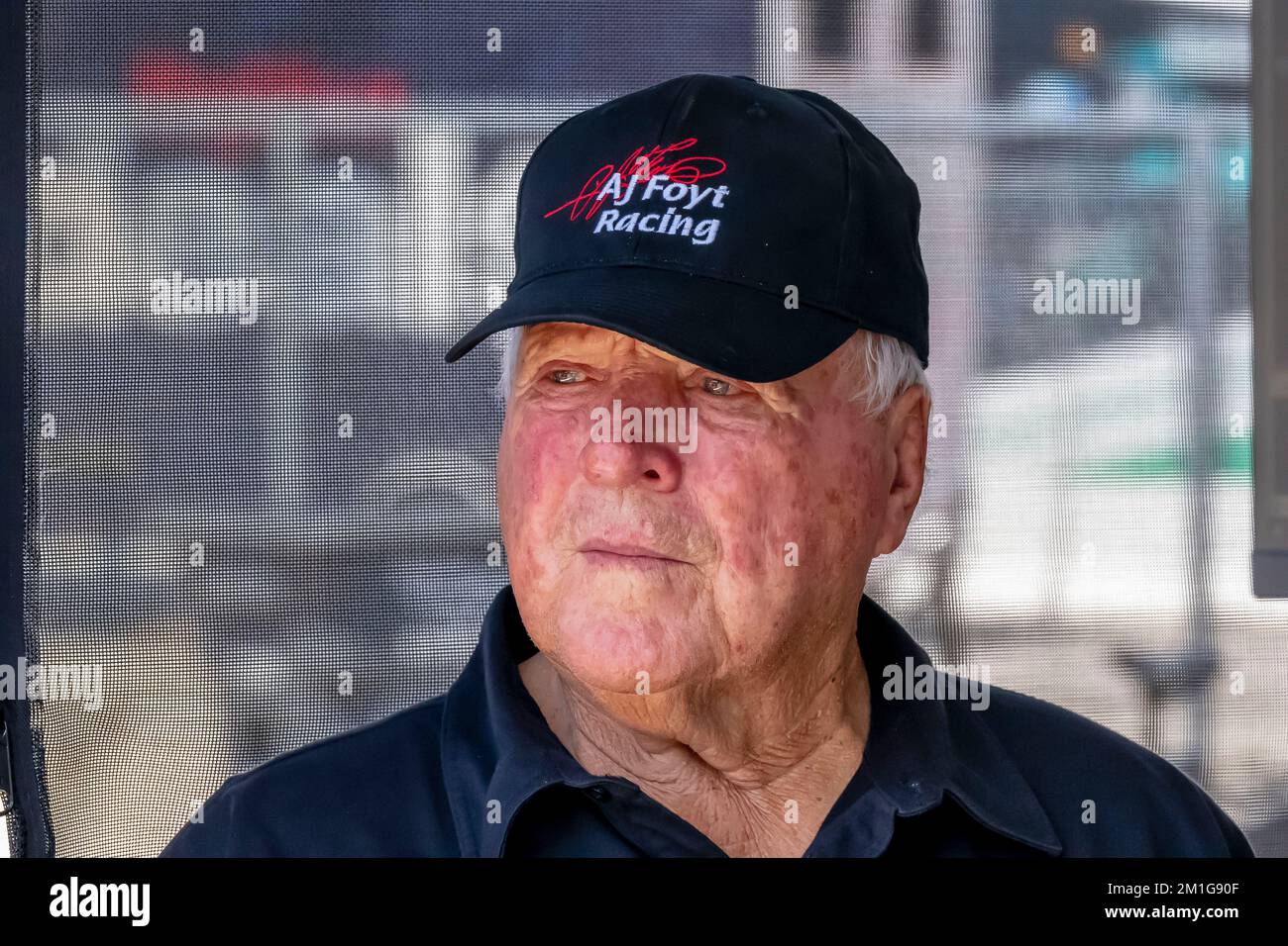 INDYCAR Series Team Owner, AJ Foyt Jr watches as his teams prepare to race for the HY-VEEDEALS.COM 250 at Iowa Speedway in Newton, IA. Stock Photo