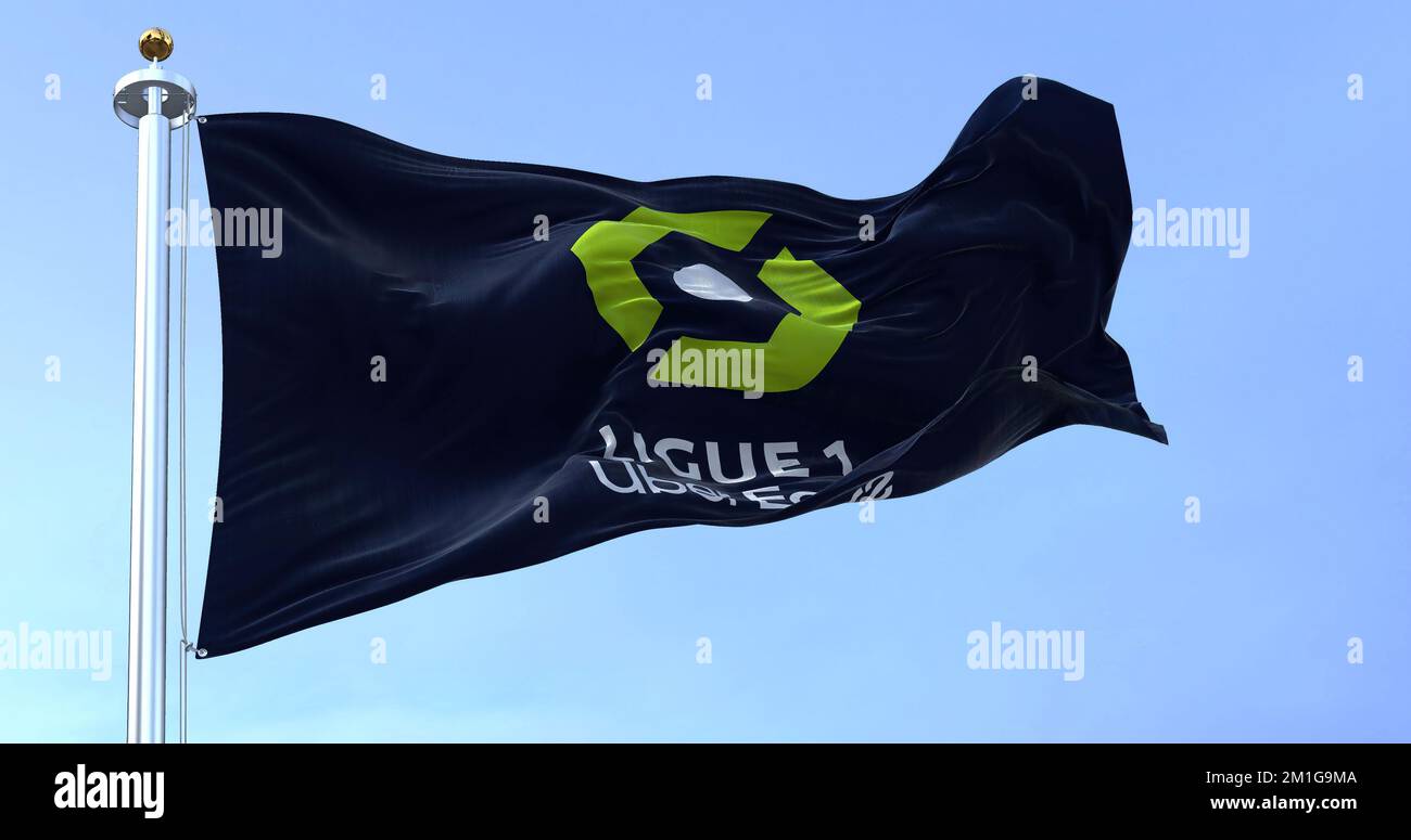 Paris, FR, July 2022: Ligue 1 flag waving. Ligue 1 is a French professional league for men association football clubs. Illustrative editorial Stock Photo