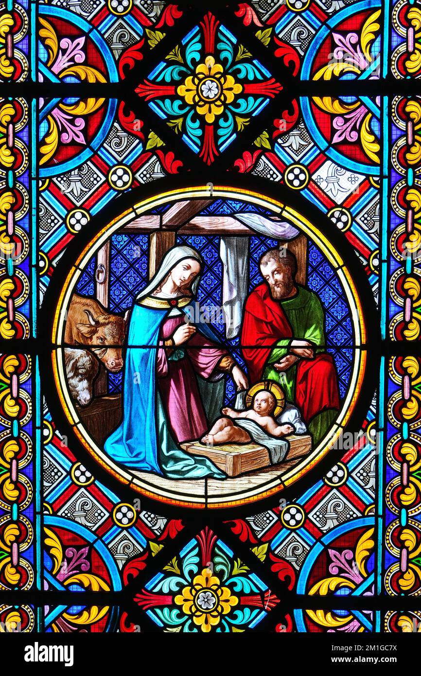 Nativity Scene. Stained glass window in the Cathedral. Basel, Switzerland - December 2022 Stock Photo