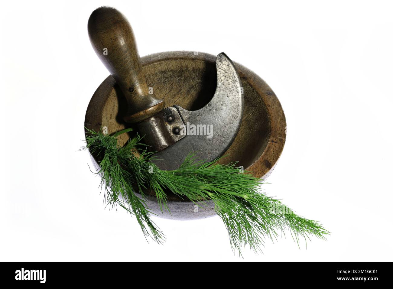 https://c8.alamy.com/comp/2M1GCK1/vintage-herb-chopper-with-fresh-dill-isolated-on-white-background-2M1GCK1.jpg