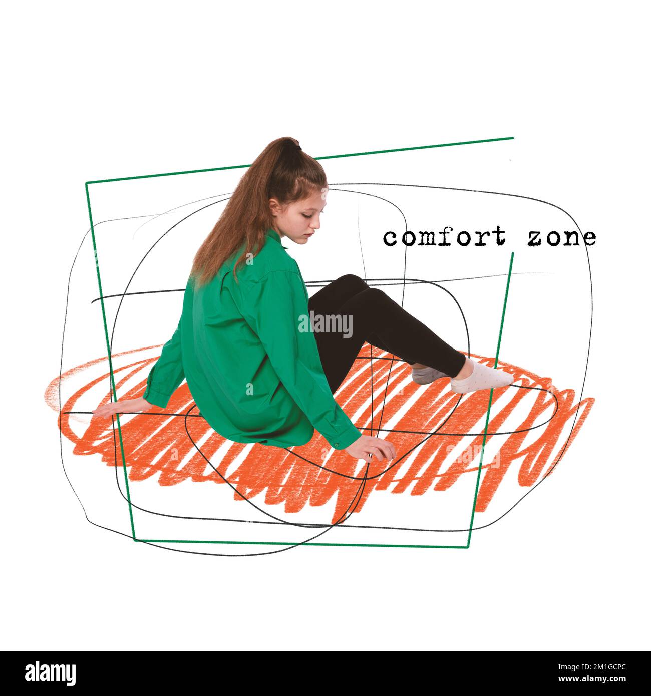 Contemporary art collage. Conceptual design. Young girl afraid to move