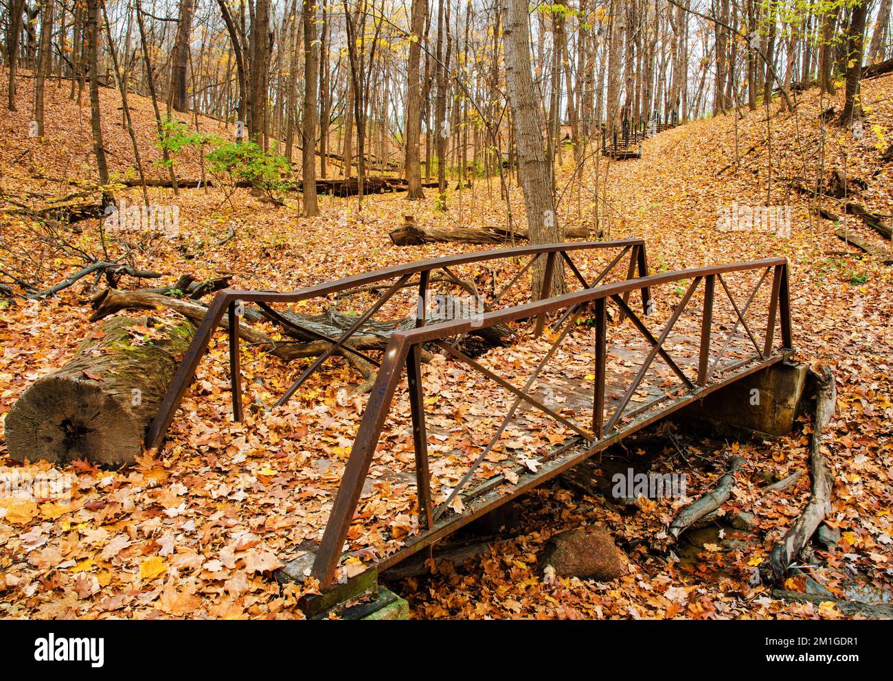 A small bridge crosses a dry creek that in spring can be quite wet. Stock Photo