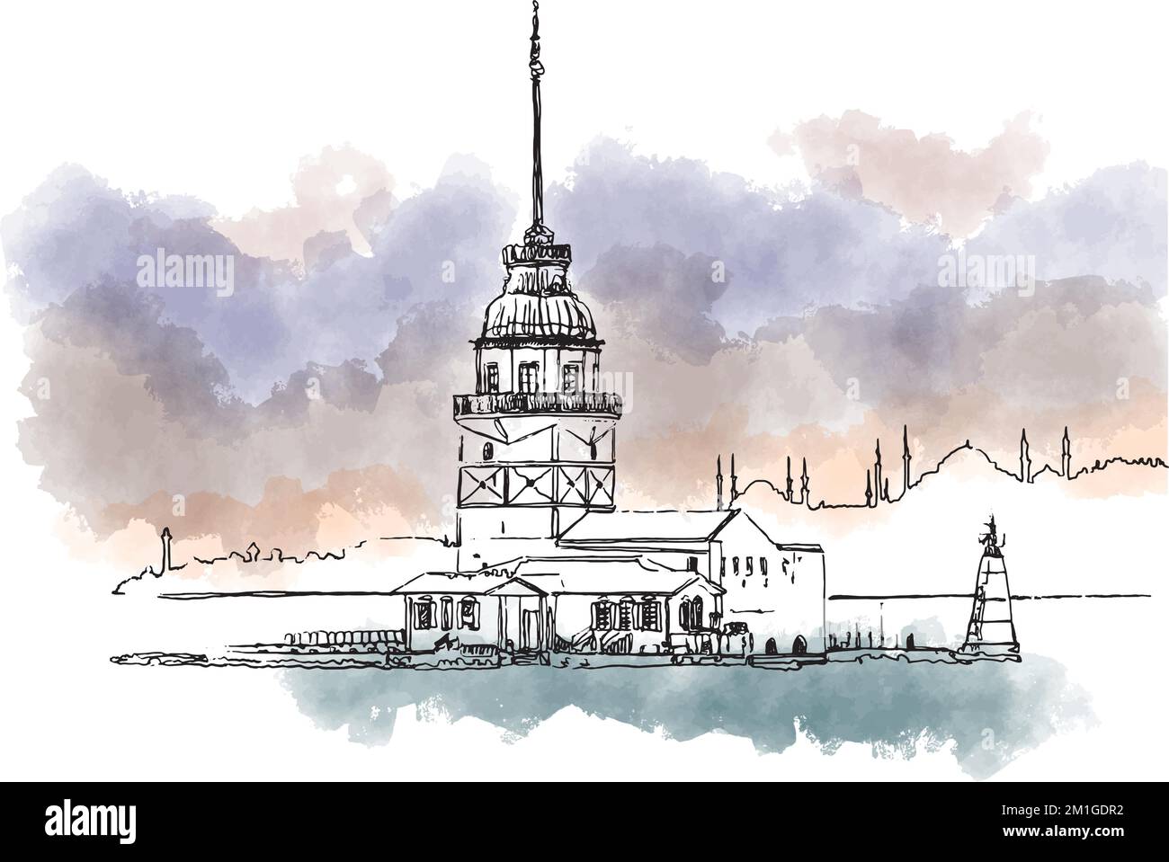 Watercolor sketch of The Maiden's Tower Kiz Kulesi , Leander's Tower Tower of Leandros, Istanbul, Turkey. A tower on a small islet at the southern Stock Vector