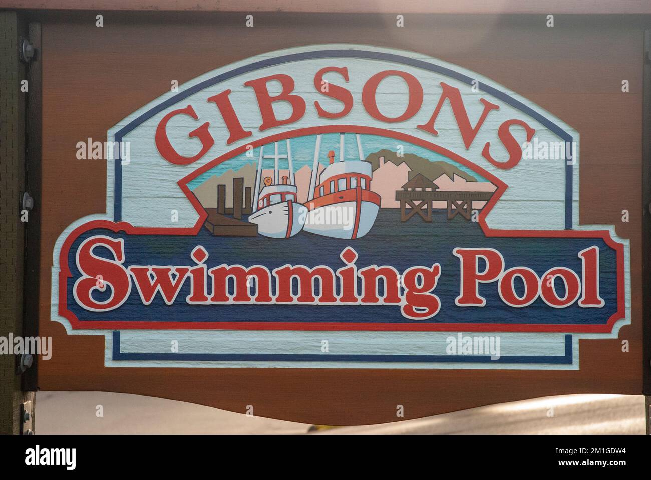 Gibsons Swimming Pool sign in Gibsons, British Columbia, Canada Stock Photo