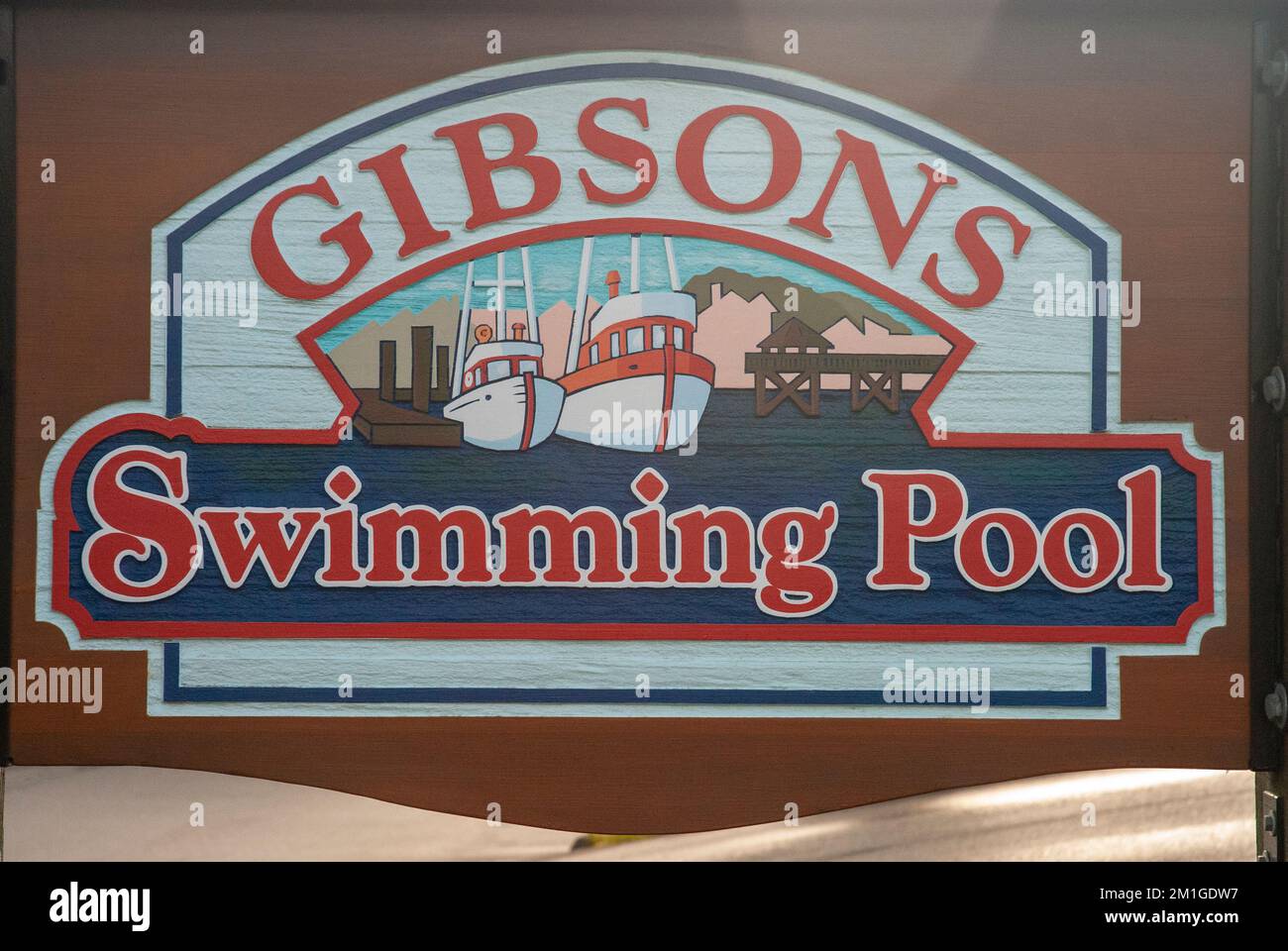 Gibsons Swimming Pool sign in Gibsons, British Columbia, Canada Stock Photo