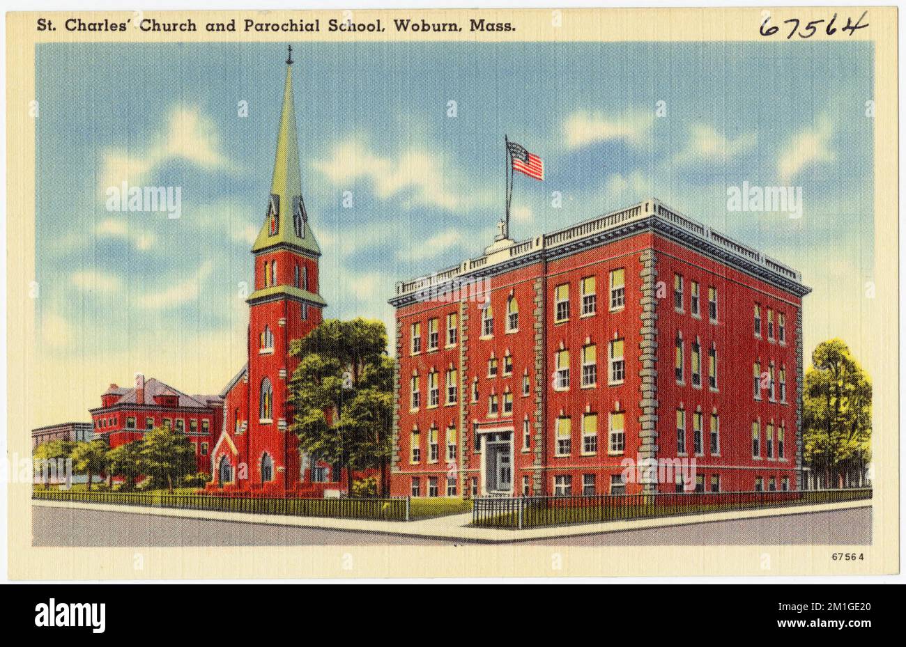 St. Charles' Church and Parochial School, Woburn, Mass. , Churches, Tichnor Brothers Collection, postcards of the United States Stock Photo