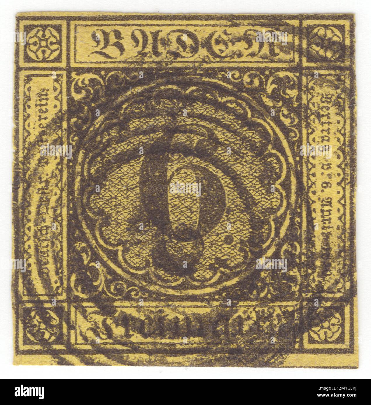 BADEN — 1851: 6 kreuzer black on yellow-green postage stamp showing numeral and ornament. Baden was one of the German states in the south-west of Germany. Grand Duchy, capital — Karlsruhe (principal city). Baden was a member of the German Confederation. In 1870 it became part of the German Empire. 60 Kreuzer = 1 Gulden Stock Photo
