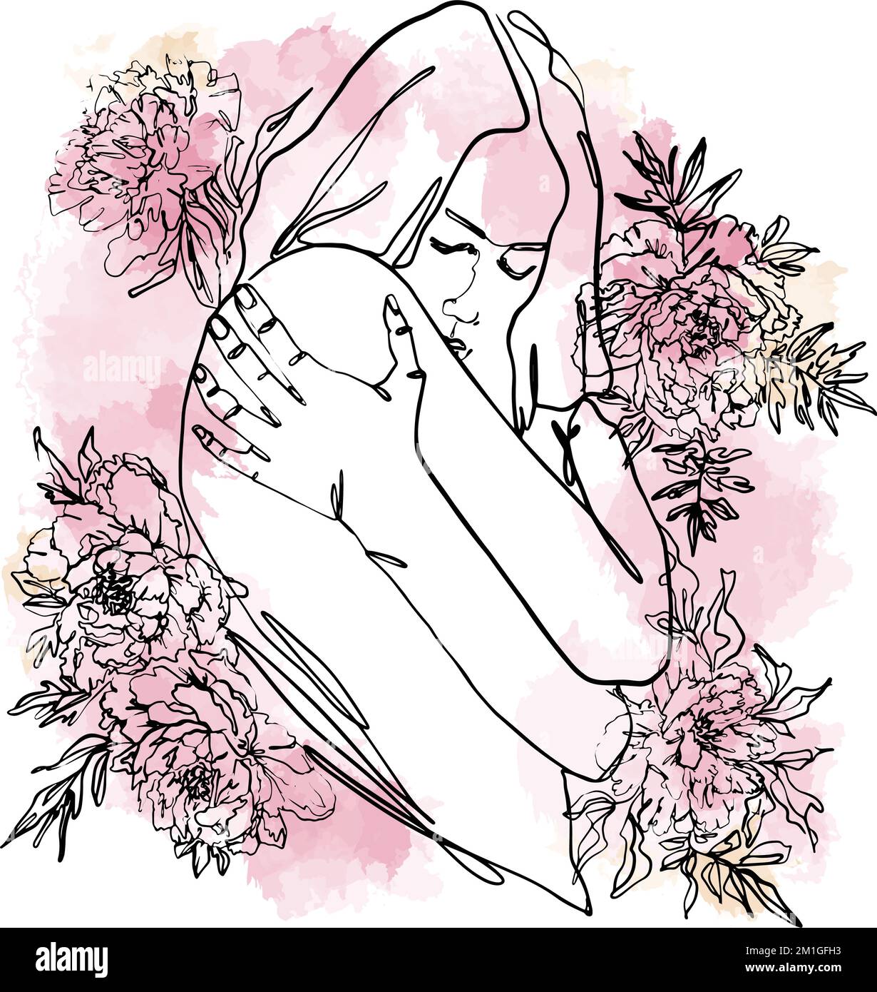 Silhouette of a naked female figure. Black linear sketch of a woman hugging  herself in peonies. Self care concept. Watercolor pink spots Stock Vector  Image & Art - Alamy