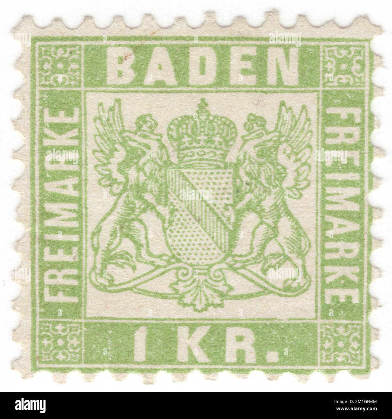 BADEN — 1868: 1 kreuzer green postage stamp showing numeral and ornament. Baden was one of the German states in the south-west of Germany. Grand Duchy, capital — Karlsruhe (principal city). Baden was a member of the German Confederation. In 1870 it became part of the German Empire. 60 Kreuzer = 1 Gulden Stock Photo