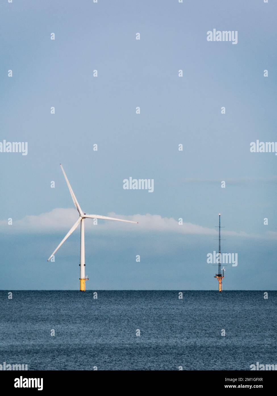 Offshore wind farm in the North Sea off Blyth, Northumberland, UK with turbine and turbine base. Stock Photo