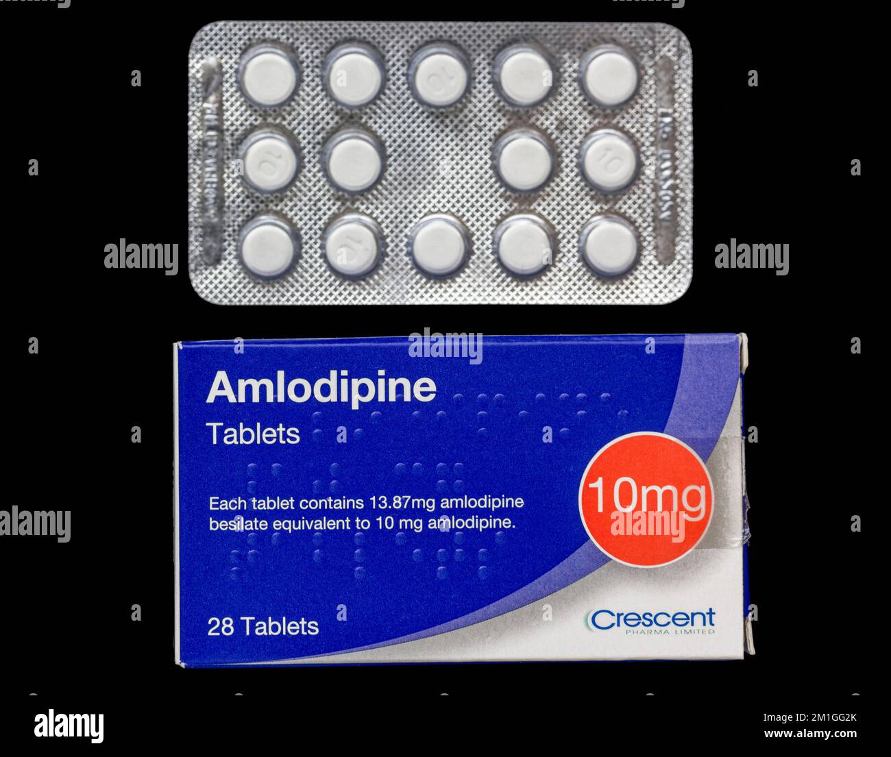 Amlodipine tablets, 10mg, by Crescent Pharma Limited to help reduce blood pressure. Stock Photo