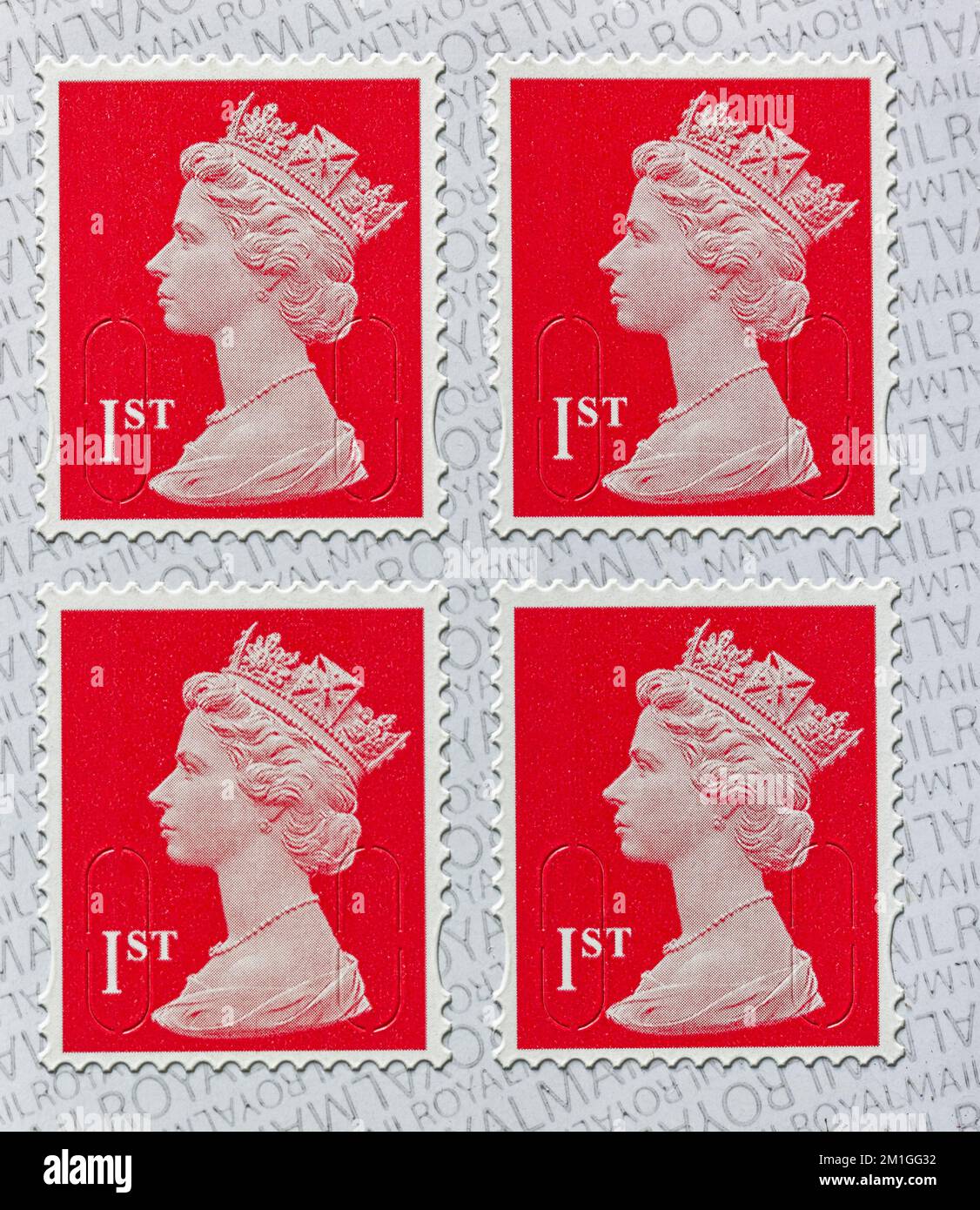 First class postage stamps, UK, bearing the head of queen Elizabeth the second. Stock Photo