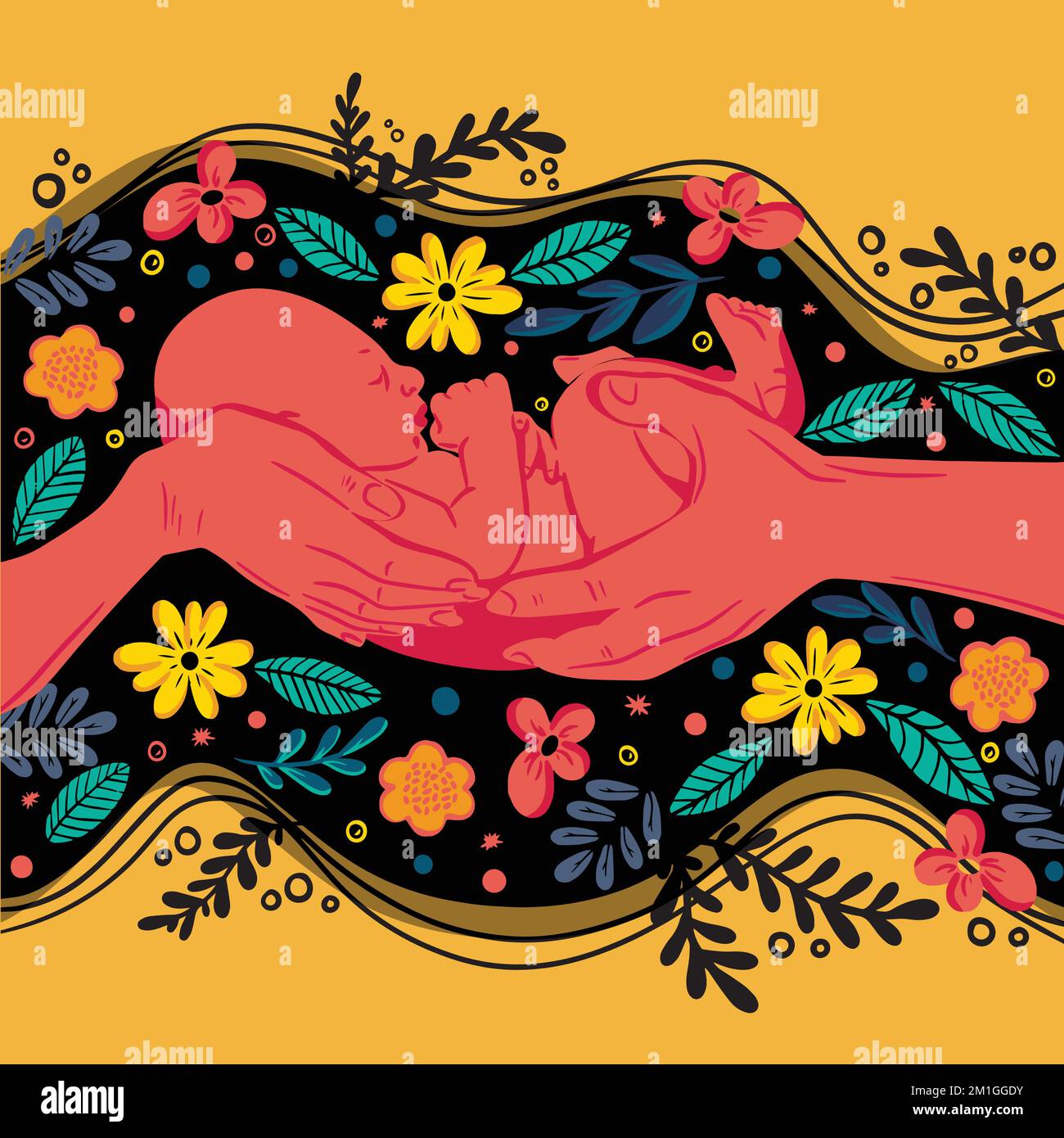 Hands of mom and dad holding a newborn baby among the flower arrangement. Concept of parenthood, new baby, newborn, motherhood and fatherhood. Happy Stock Vector