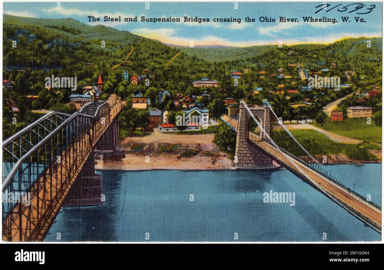 The steel and suspension bridges crossing the Ohio River, Wheeling, W