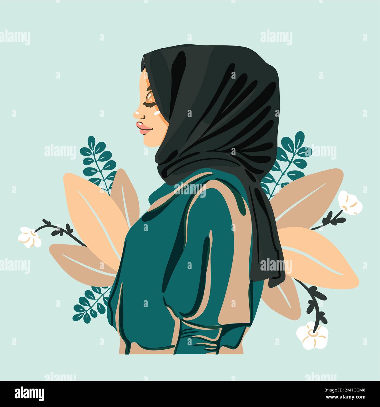 Cartoon flat portrait of Beautiful girl in hijab. Elegant of a young ...