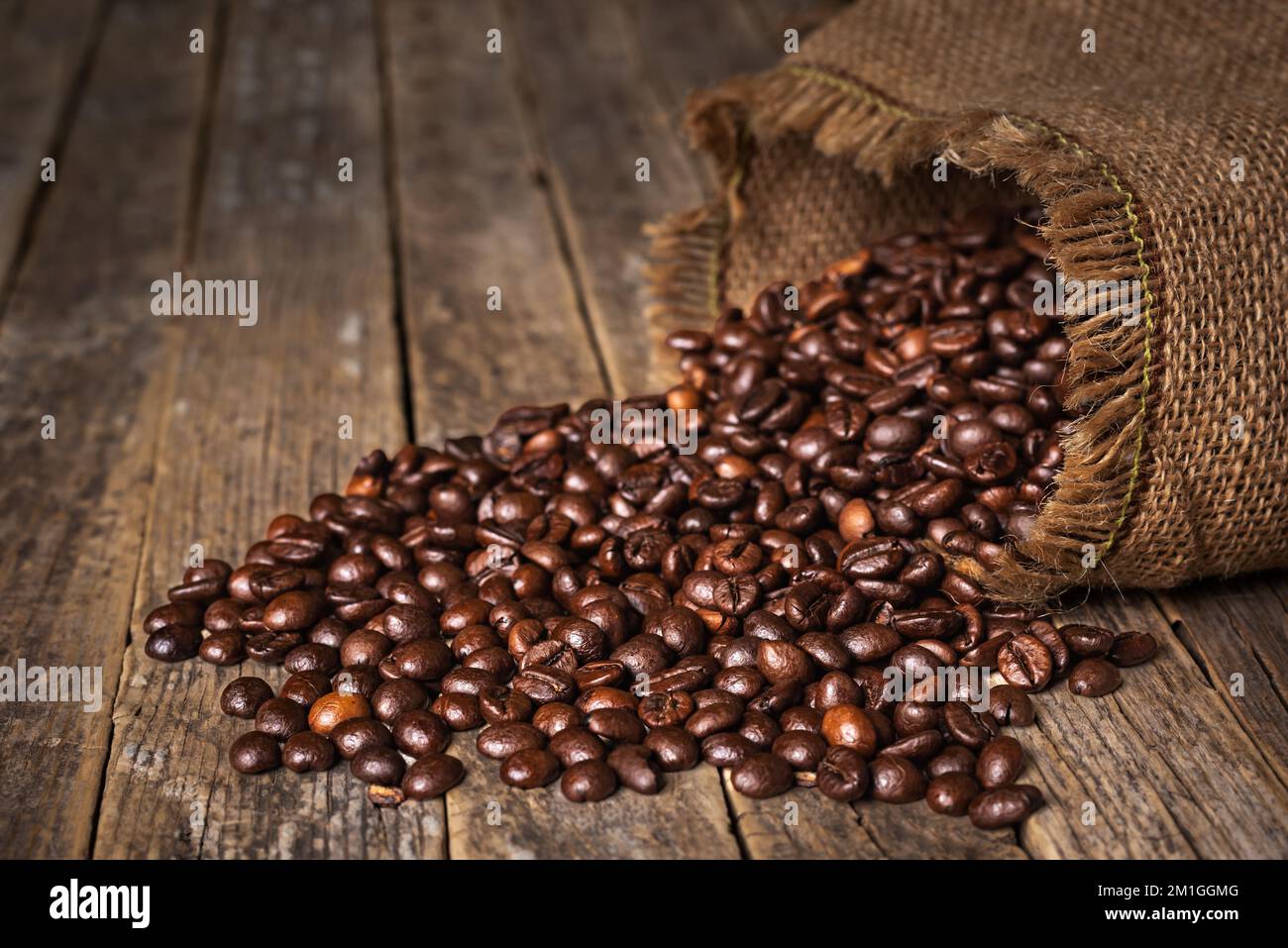 Sack of coffee beans overturned on an old rustic table with the beans scattered on top. Stock Photo