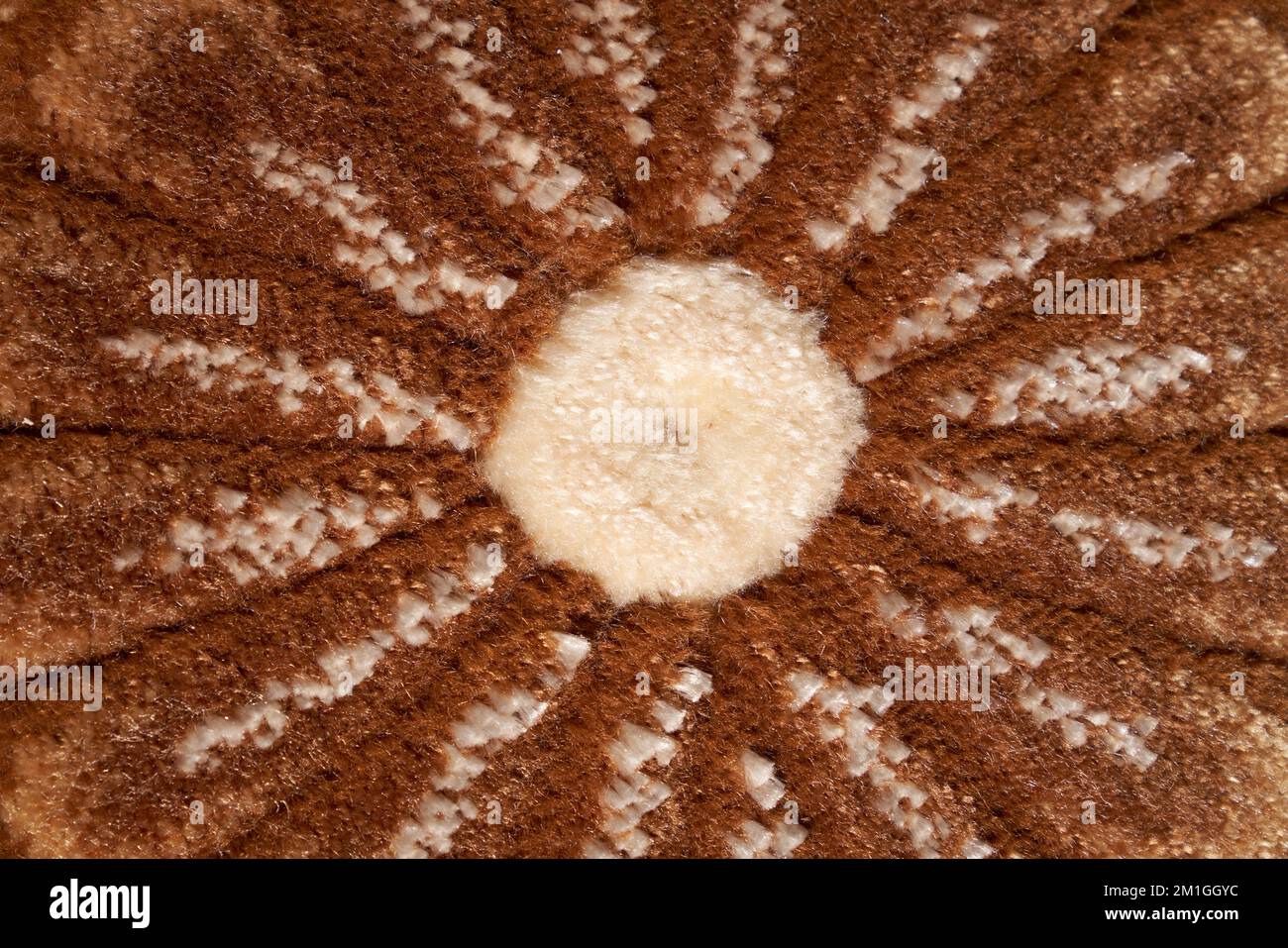 Soft carpet detail fragment for background. Close up of texture beige and brown tufted rug, with floral ornament as backdrop. Concept of textures and background. Stock Photo