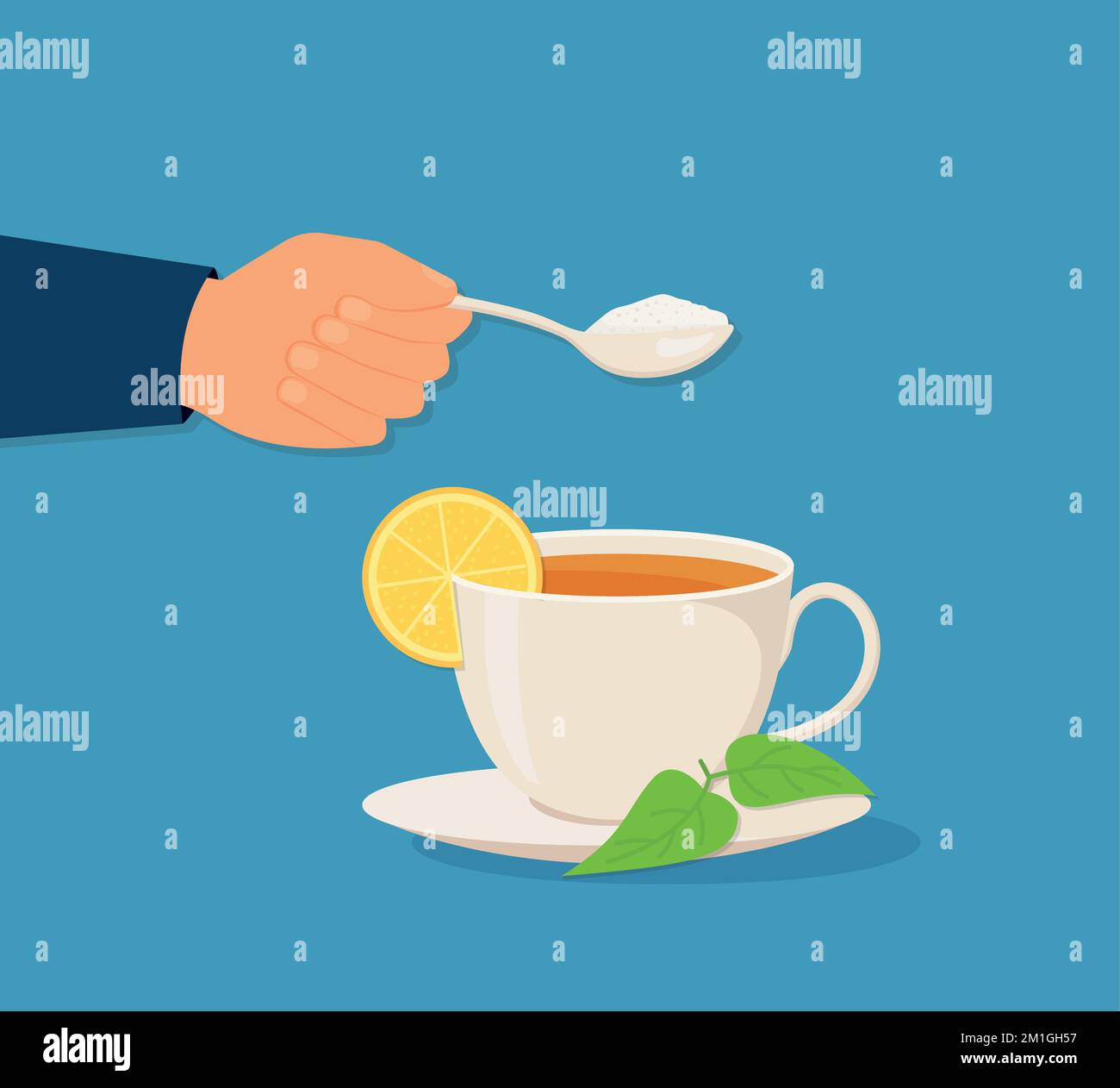 Sugar in tea. Spoon with sugar in man's hand. Sweet tea. Delicious hot