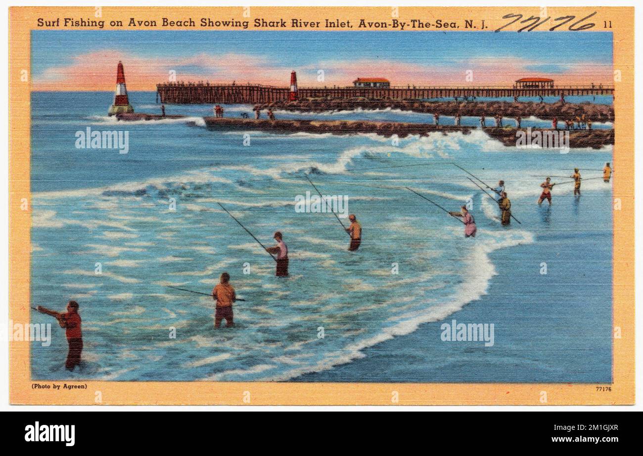 Surf fishing on Avon Beach showing Shark River inlet, Avon-by-the-Sea, N. J. , Beaches, Tichnor Brothers Collection, postcards of the United States Stock Photo