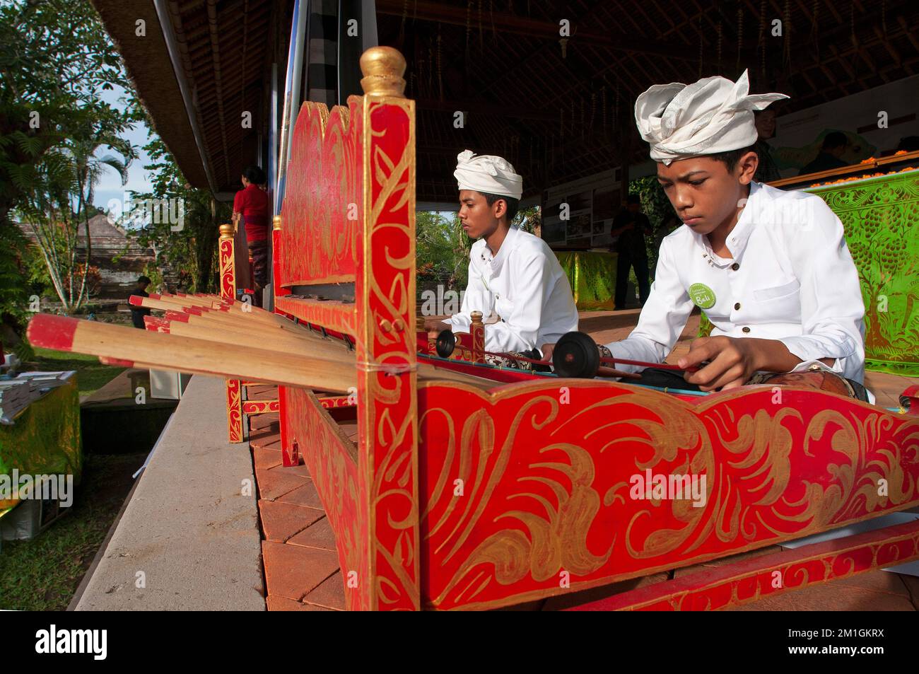 Bali, Indonesia, 29-11-2012-boy is playin the Gamelan Stock Photo