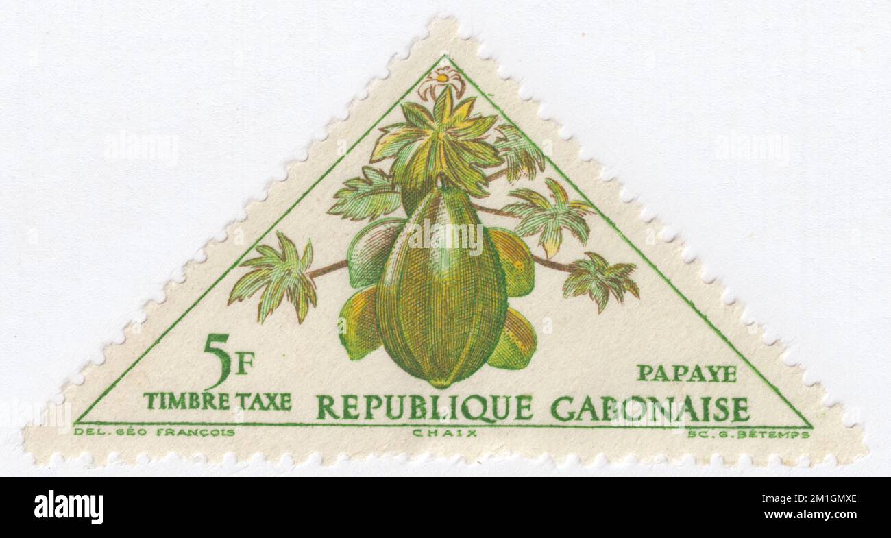 GABON - 1962 December 10: An 5 franc multicolored postage due stamp depicting Papaya. The papaya, papaw, or pawpaw is the plant species Carica papaya, one of the 21 accepted species in the genus Carica of the family Caricaceae It was first domesticated in Mesoamerica, within modern-day southern Mexico and Central America. In 2020, India produced 43% of the world supply of papayas. The fruit is a large berry about 15–45 cm long and 10–30 cm in diameter.  It is ripe when it feels soft (as soft as a ripe avocado or softer), its skin has attained an amber to orange hue Stock Photo
