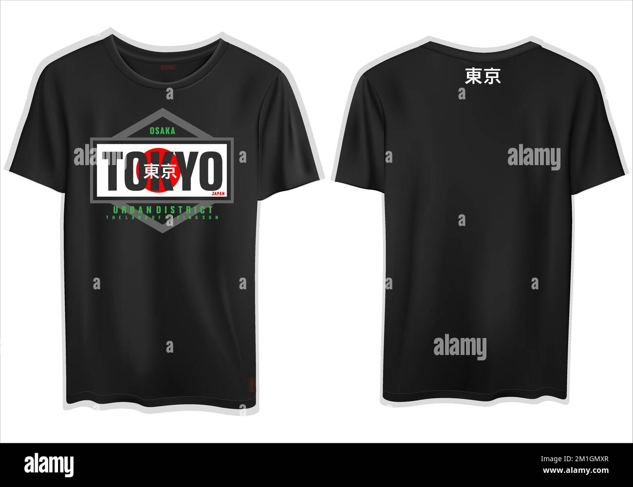 A digital render of a simple black graphic t-shirt with a cool Tokyo Japanese print Stock Vector