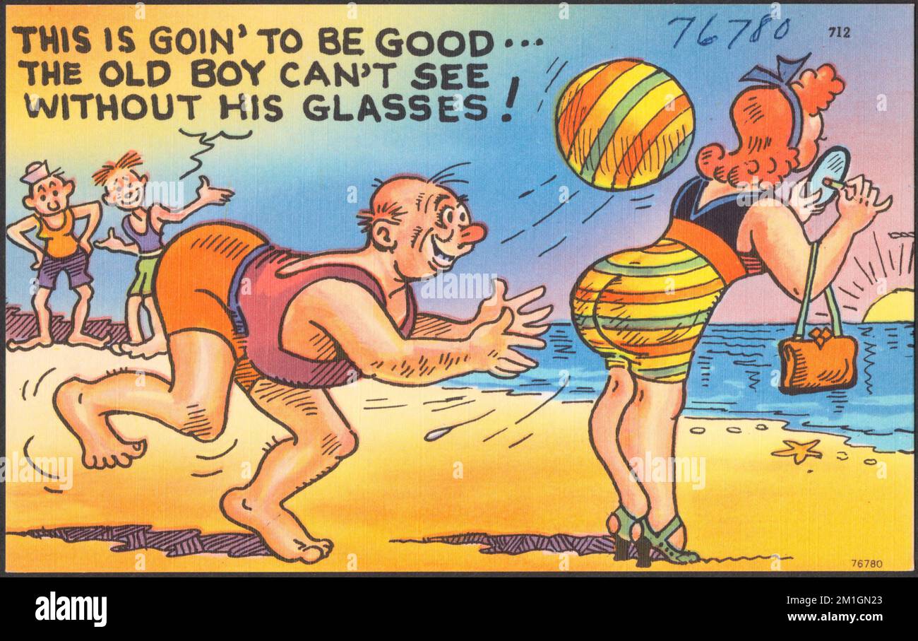 This is going to be good... the old boy can't see without his glasses! , Beaches, Balls Sporting goods, Tichnor Brothers Collection, postcards of the United States Stock Photo