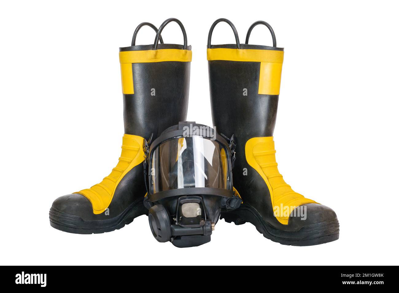 Firefighter boots and full facepiece gas mask Stock Photo