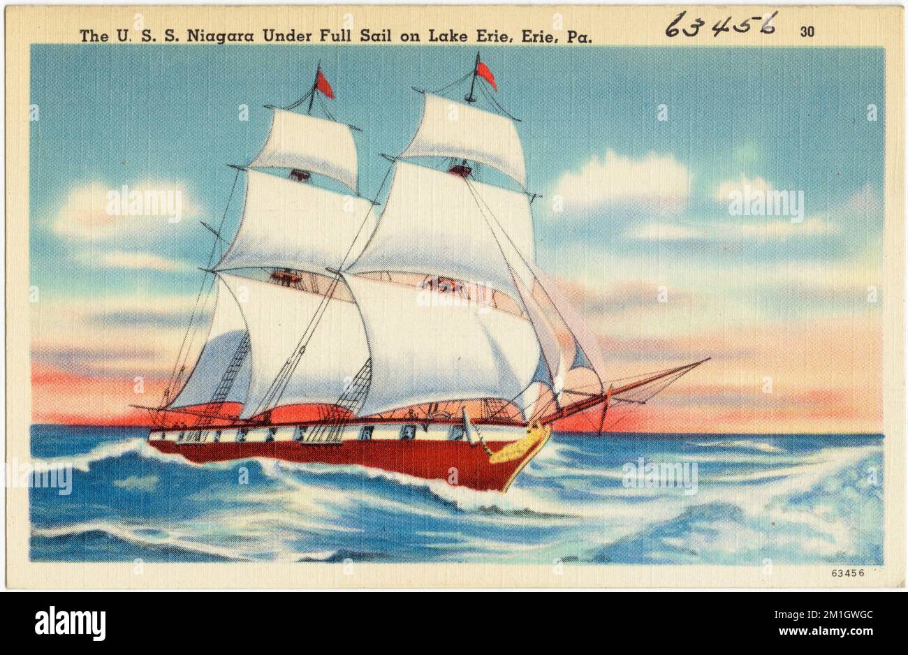 The U. S. S. Niagara under full sail on Lake Erie, Erie, Pa. , Lakes & ponds, Boats, Tichnor Brothers Collection, postcards of the United States Stock Photo