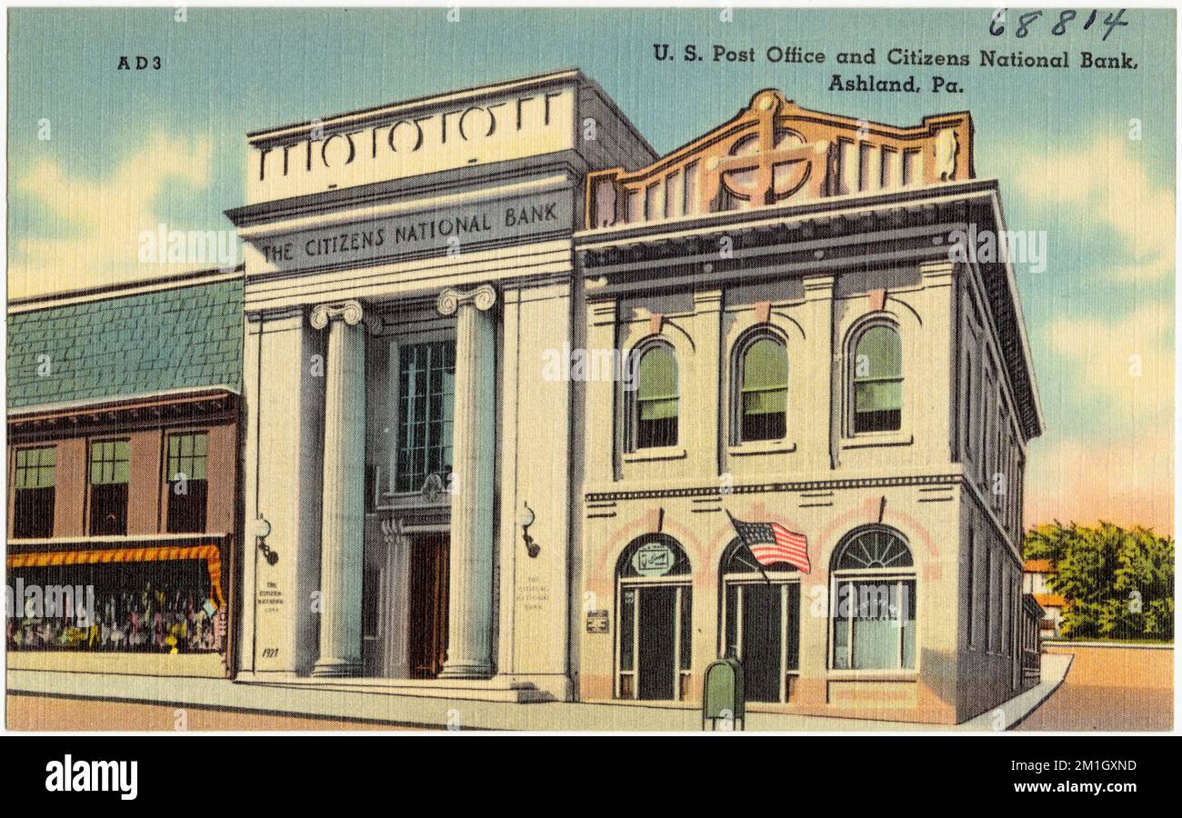 U.S. Post Office and Citizens National Bank, Ashland, Pa. , Post offices, Commercial facilities, Tichnor Brothers Collection, postcards of the United States Stock Photo