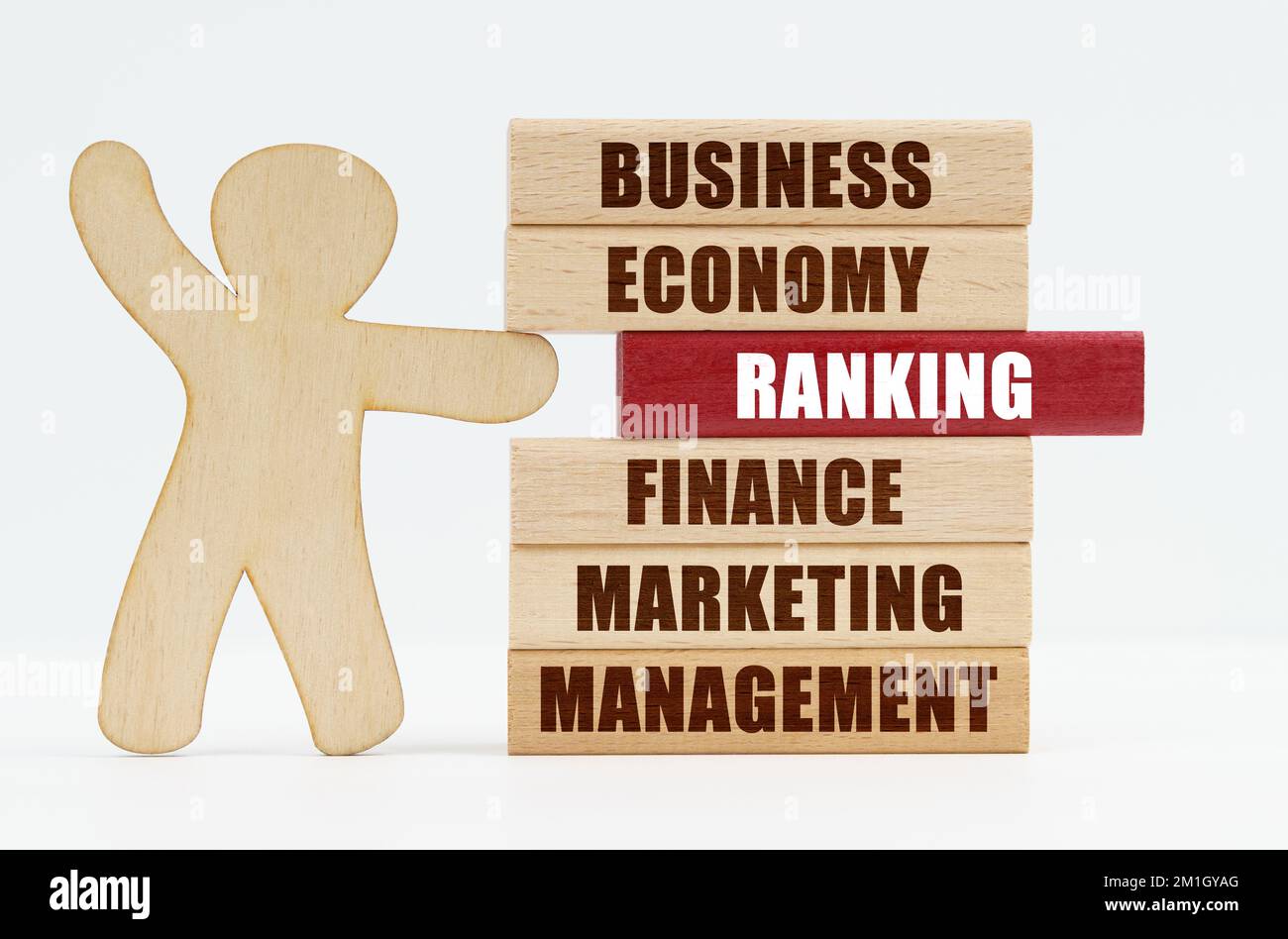 Business Concept Ranking Business and economy concept. On a white background, a wooden man ...