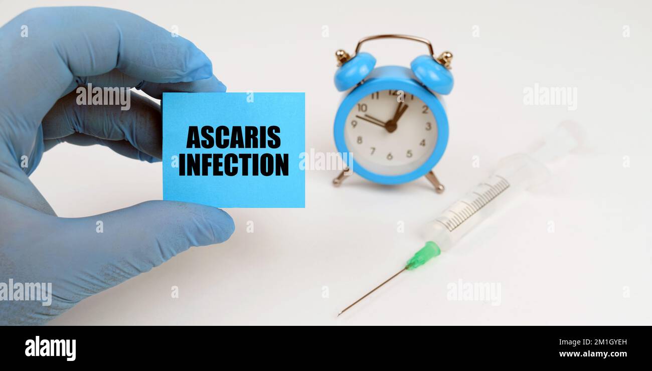 Medicine concept. On the table is a syringe and an alarm clock, in his hand a notebook with the inscription - Ascaris Infection Stock Photo