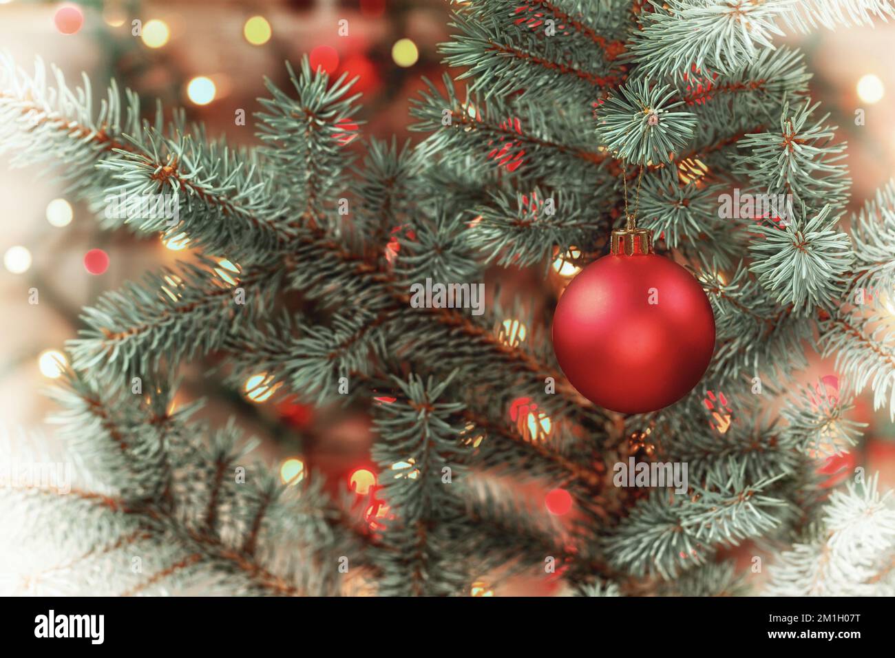 Vintage red Christmas ornament hanging from pine tree branch surrounded