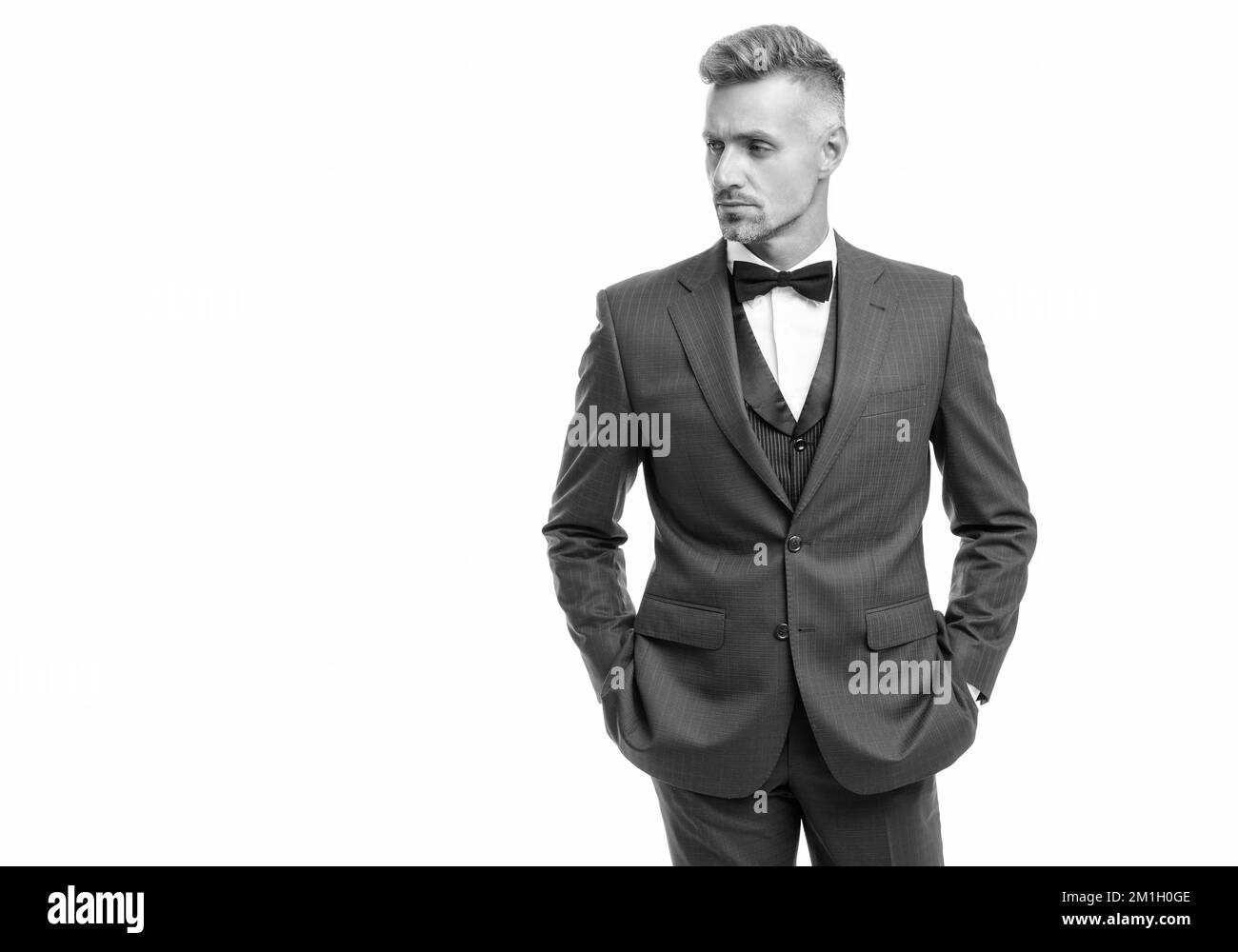 handsome man in bow tie blue suit. leader in tux formal wear. copy