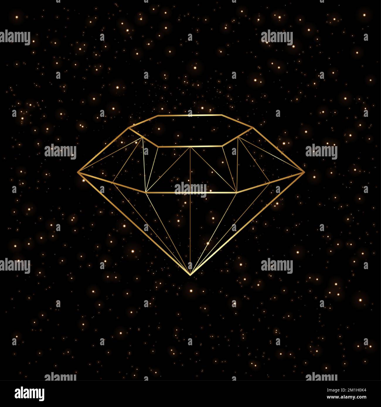3d diamond shape gold logo, golden luxury icon in line art style on starry sky with black background, vector illustration Stock Vector