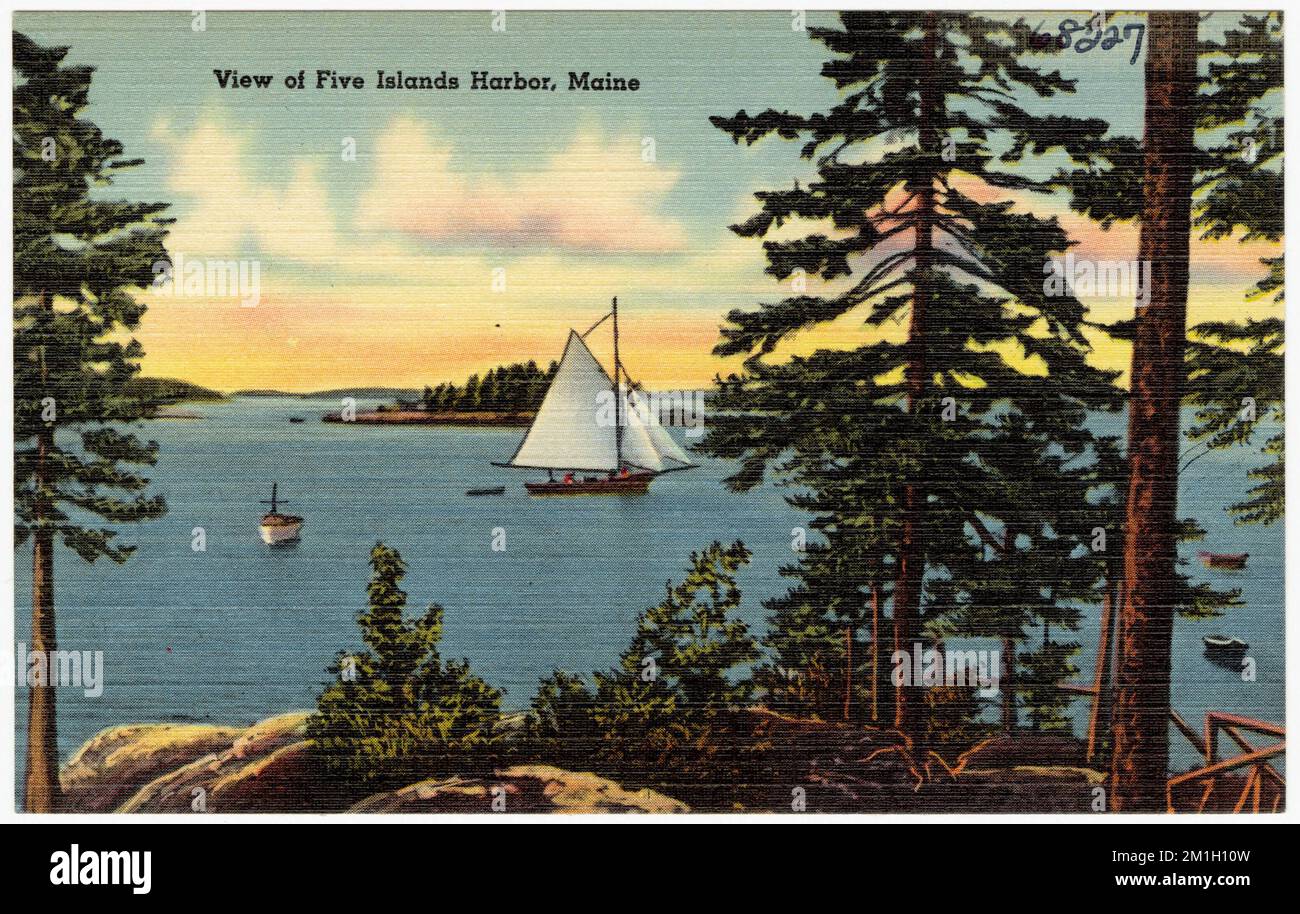 View of Five Islands Harbor, Maine , Islands, Boats, Tichnor Brothers