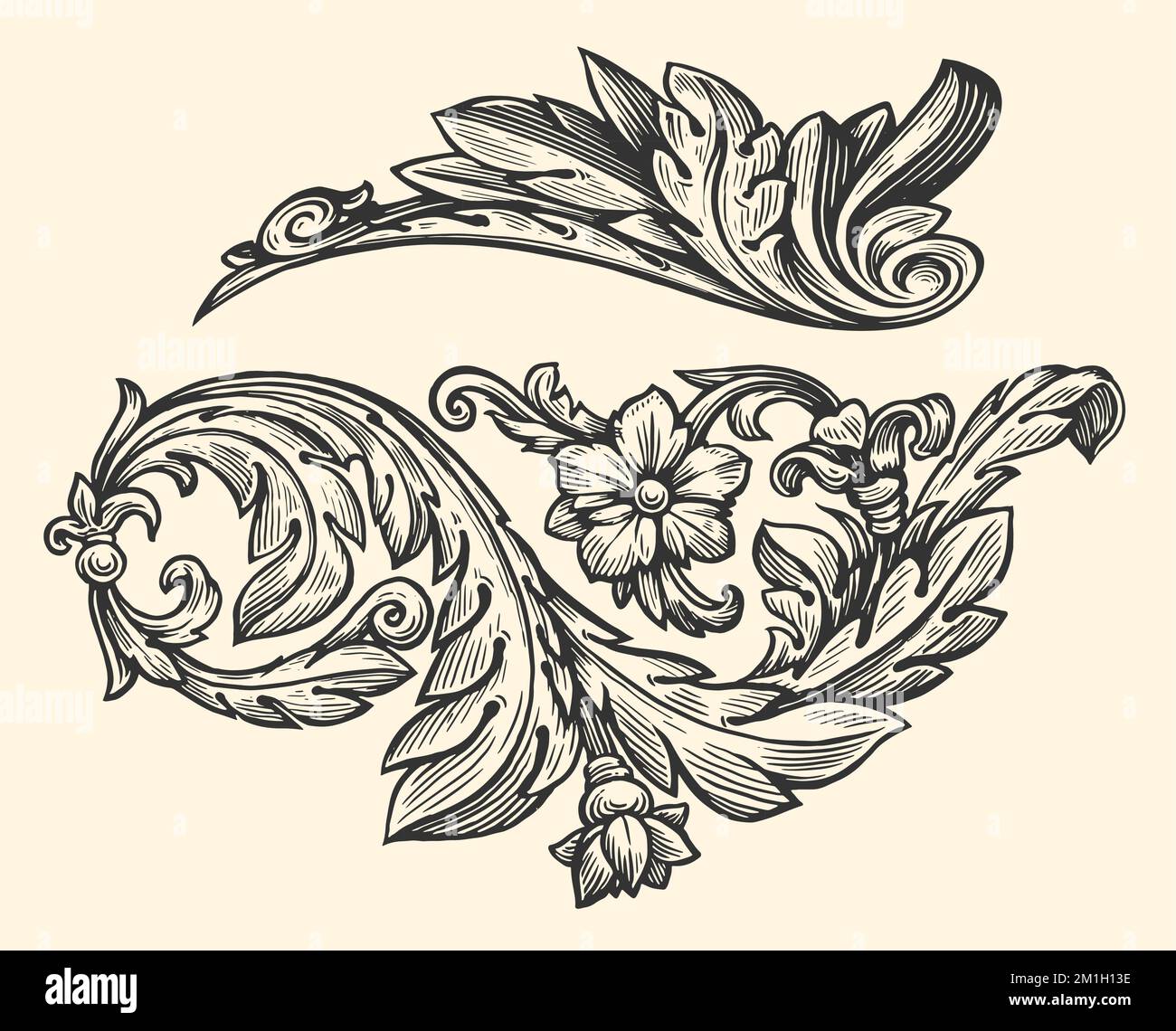 Ornate swirling floral motif. Decorative floral design elements. Pattern vector illustration in vintage engraving style Stock Vector