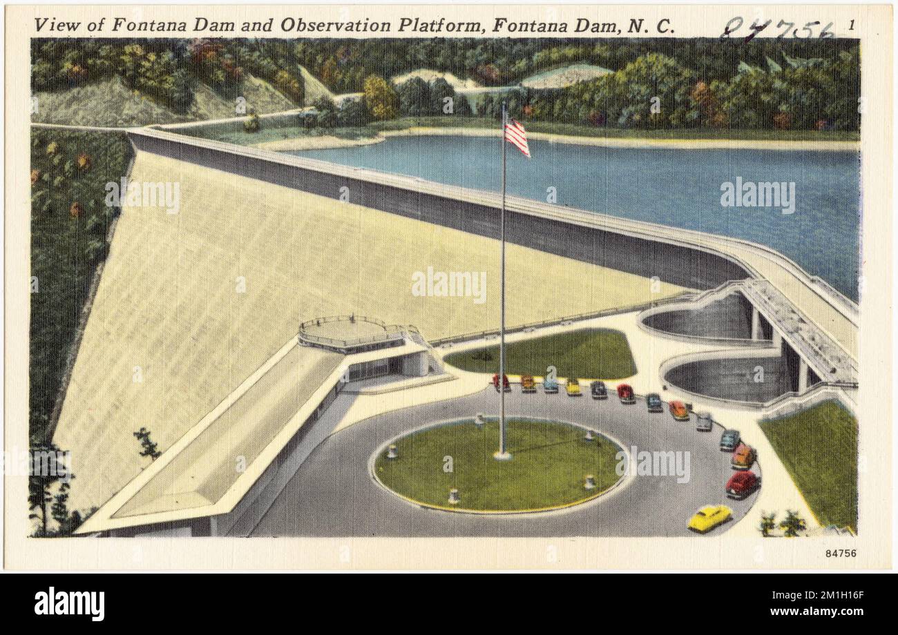View of Fontana Dam and observation platform, Fontana Dam, N. C. , Dams, Tichnor Brothers Collection, postcards of the United States Stock Photo