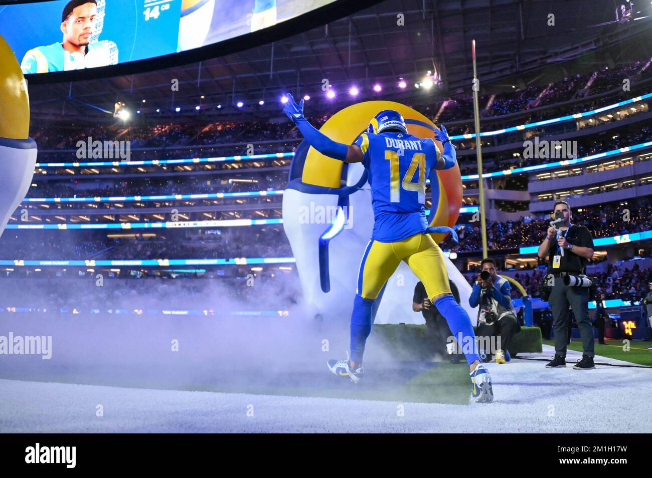 Los Angeles Rams cornerback Cobie Durant (14) enters the field before an  NFL game against the Las Vegas Raiders on Thursday, Dec. 8, 2022, in  Inglewood, Calif. (Dylan Stewart/Image of Sport/Sipa USA) (