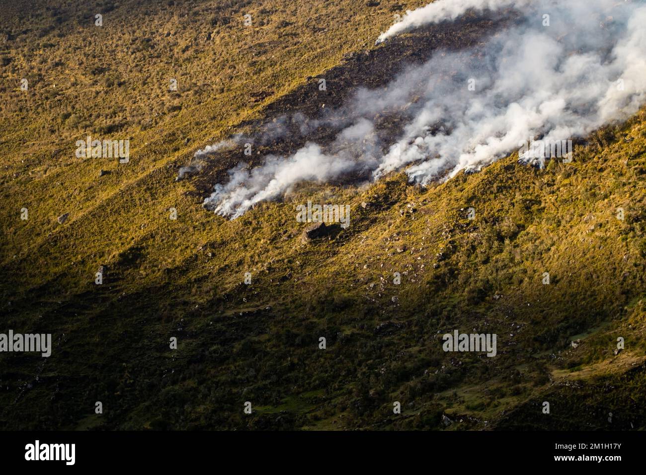 The large plumes of fire smoke on top of a mountain in the Peruvian ...