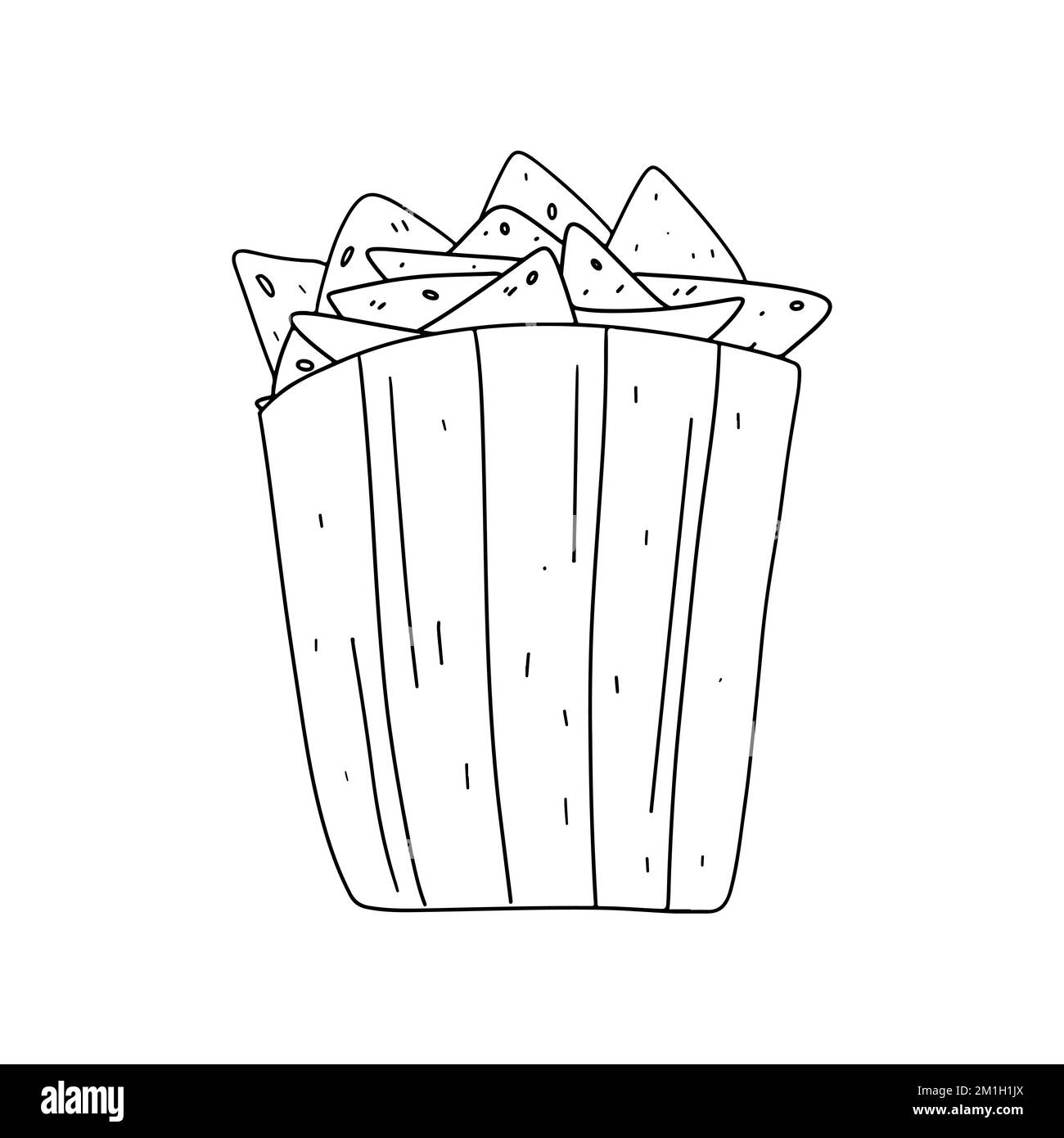 Nachos Mexican corn chips in paper pocket. Doodle tortilla chips