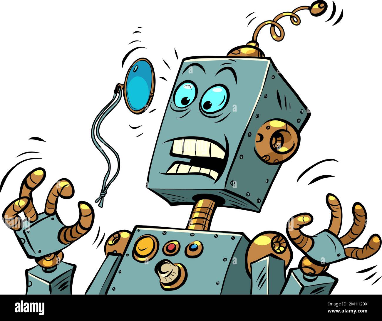 A surprised robot with a monocle. News human emotions. Face Glasses Stock Vector
